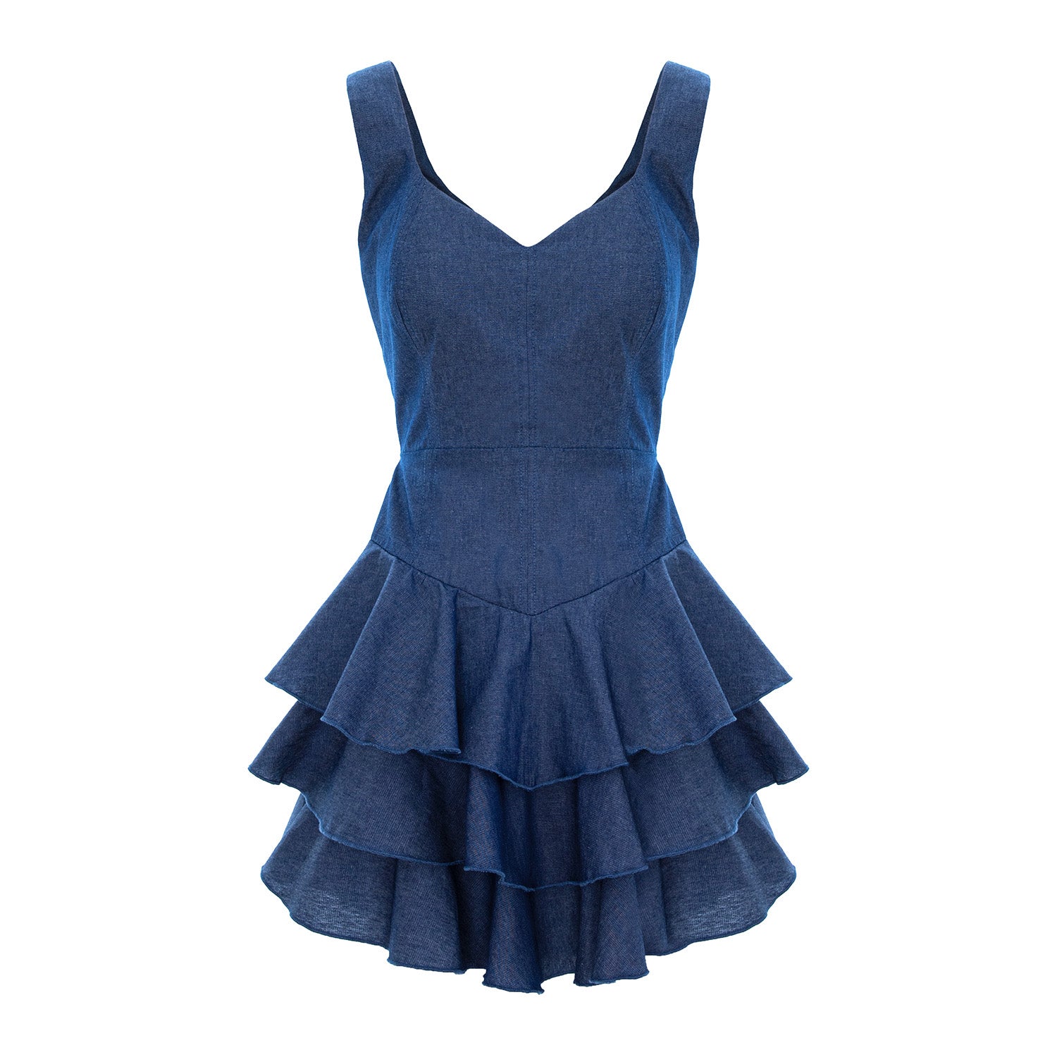 Rochie mini din denim bleumarin cu decolteu în V și volane în straturi