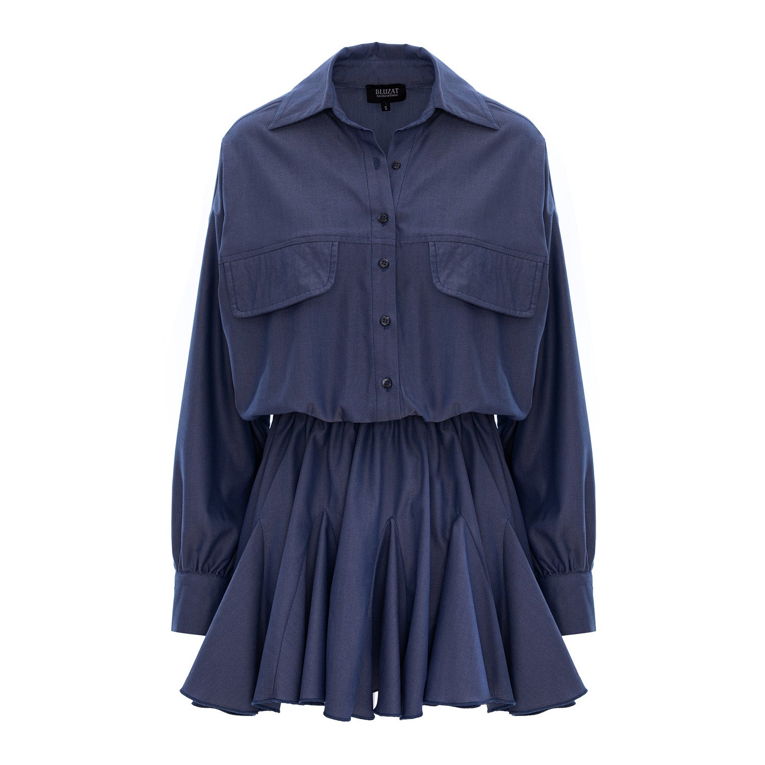 Denim Blue Oversized Shirt Dress With Gathered Waist & Ruffle Hem