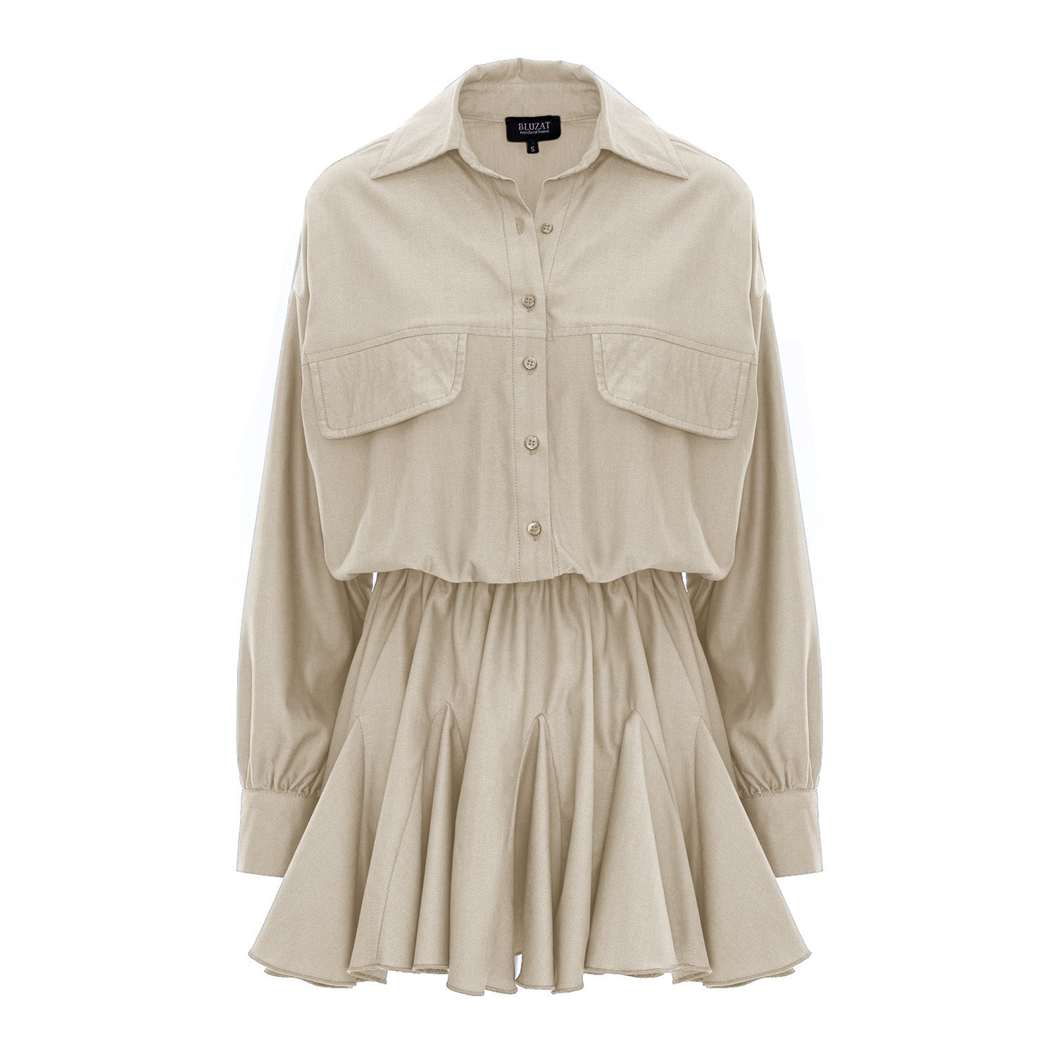 Beige Oversized Shirt Dress with Gathered Waist & Ruffle Hem