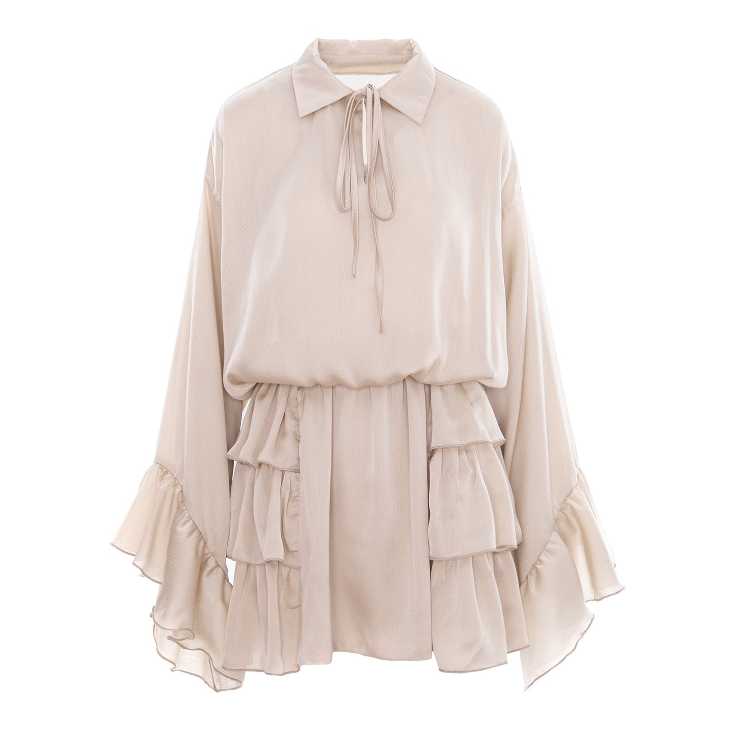 Rochie mini bej cu guler nou, mâneci clopot și fustă cu volane în straturi