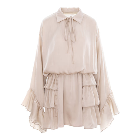 Beige Tie-Neck Mini Dress with Bell Sleeves & Tiered Ruffle Skirt