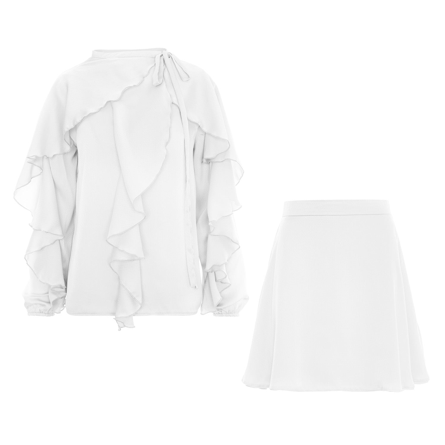 Set de două piese cu volane albe și bluză cu nod la gât