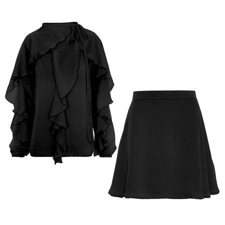 Set negru din două piese cu volane și bluză cu nod la gât