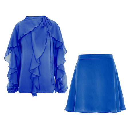 Set albastru din două piese cu volane și bluză cu nod la gât