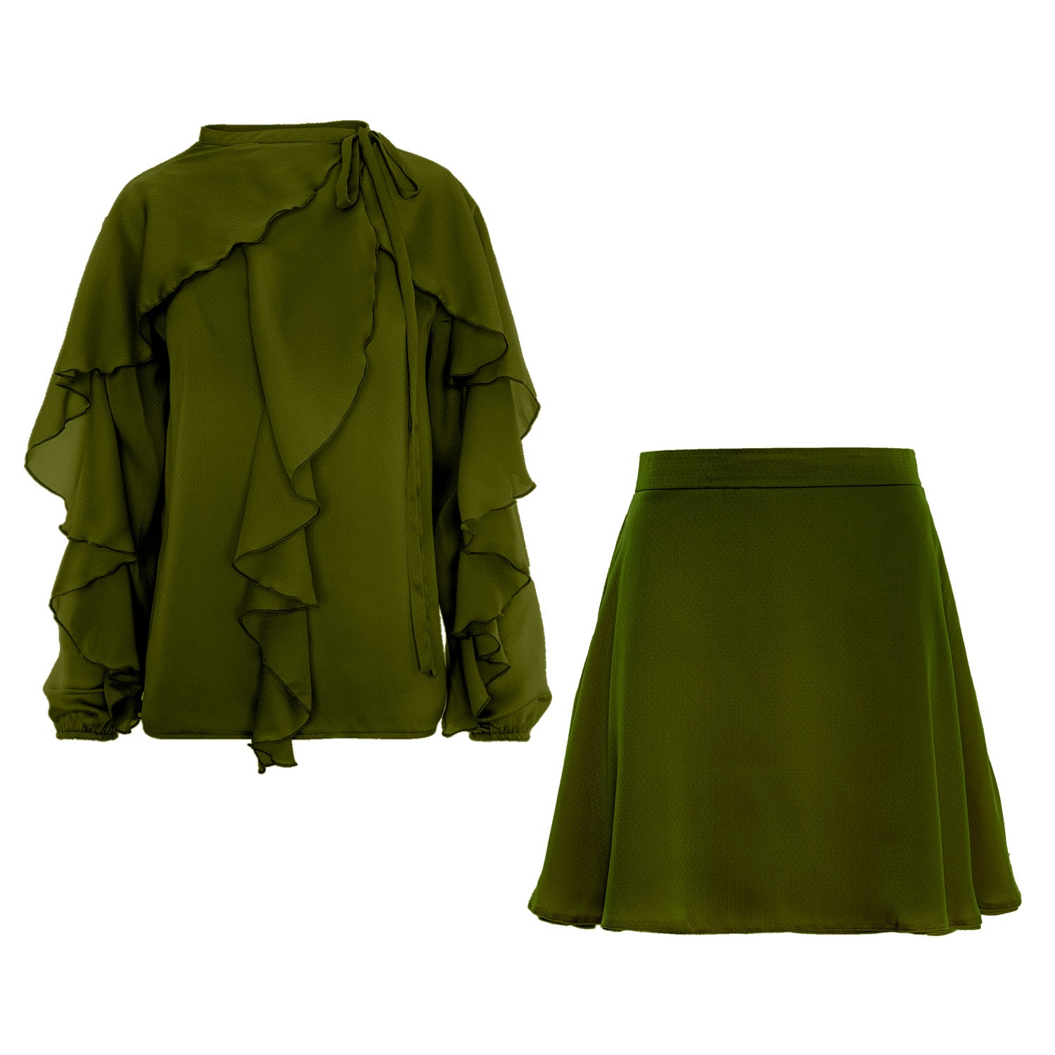 Set verde cu volane și bluză cu nod la gât