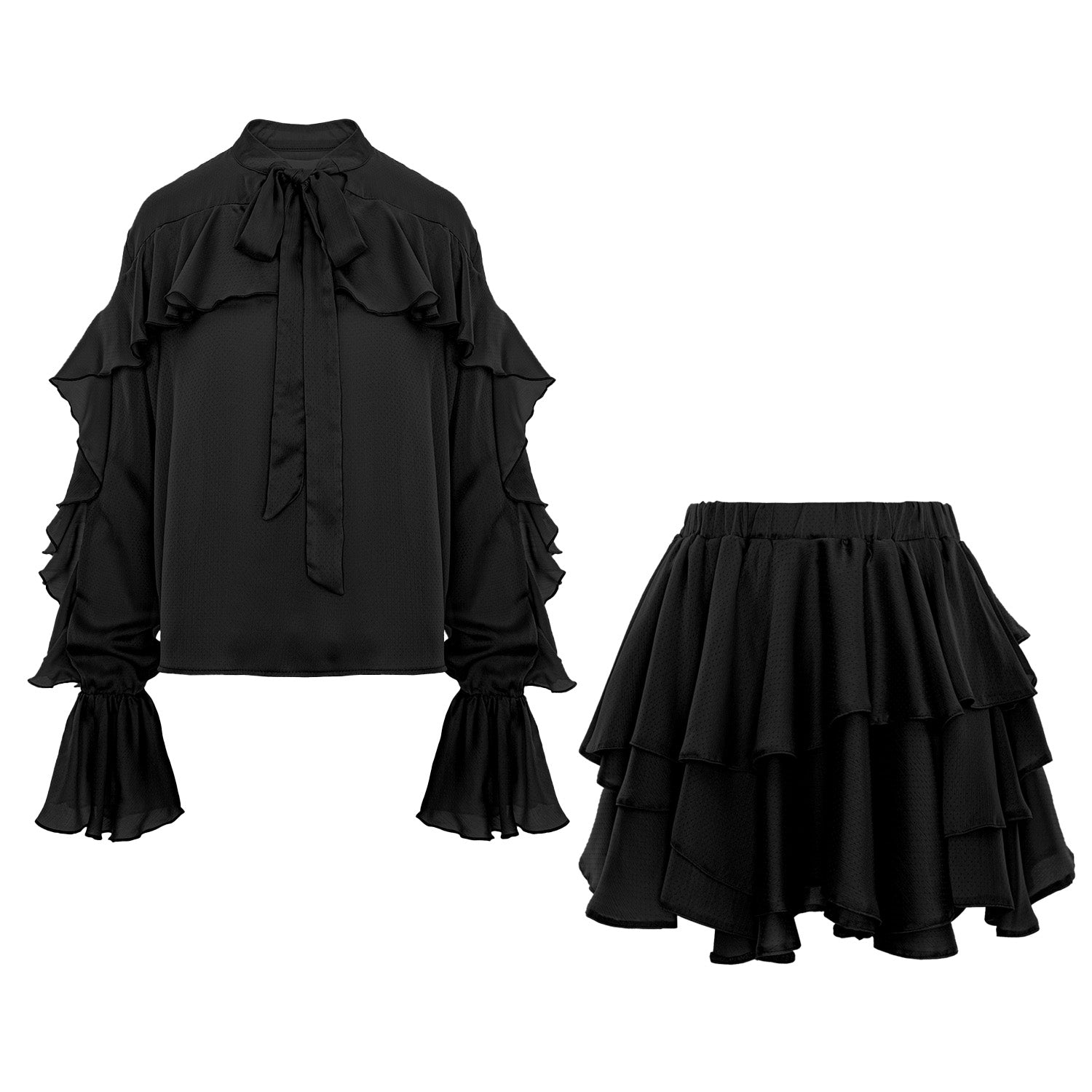 Black Set with V Neck Shirt & Ruffle Skirt