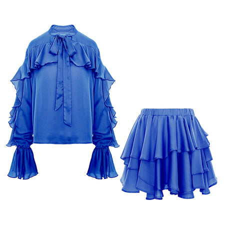 Set albastru cu cămașă cu decolteu în V și fustă cu volane