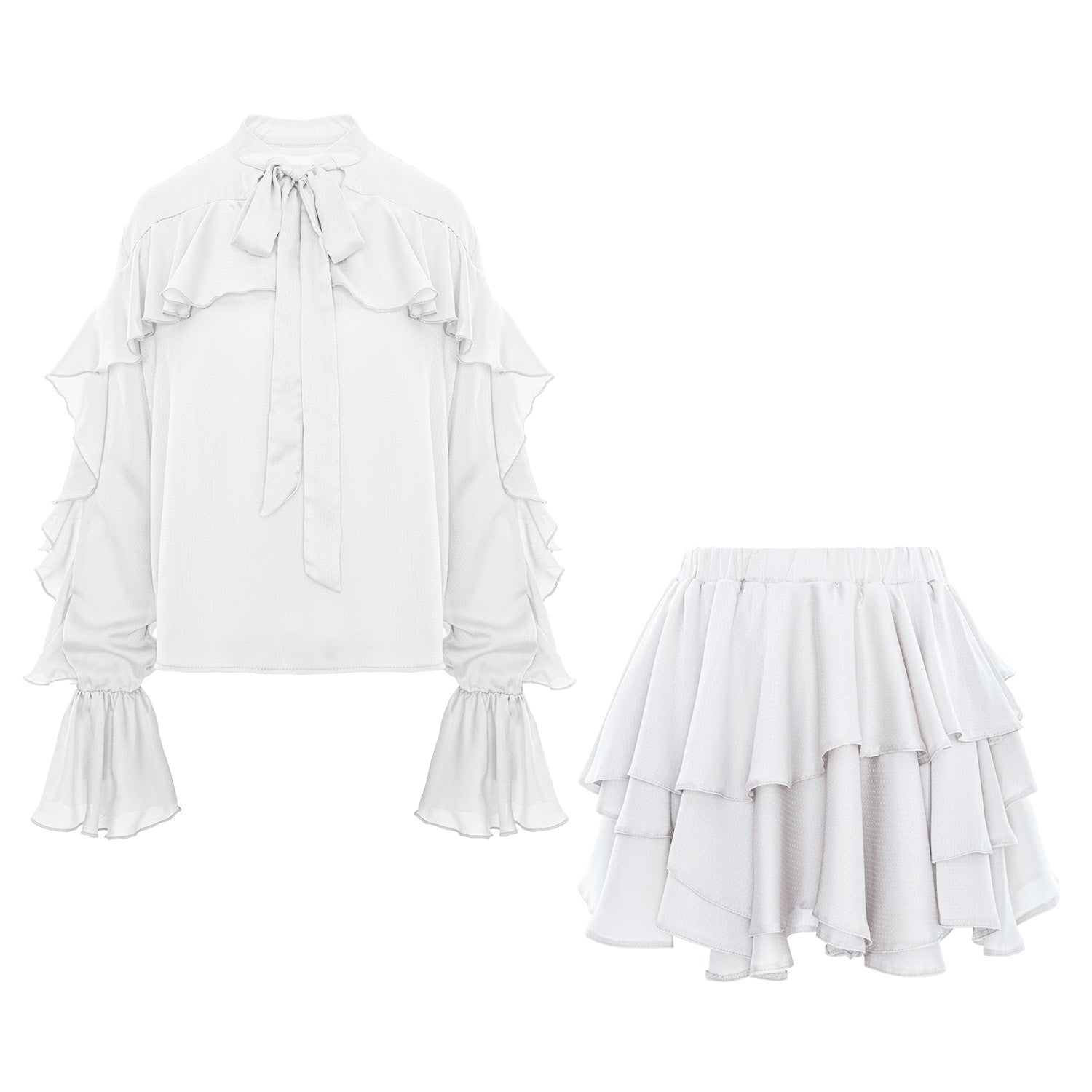 Set alb cu cămașă cu decolteu în V și fustă cu volane