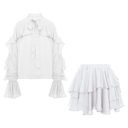 Set alb cu cămașă cu decolteu în V și fustă cu volane