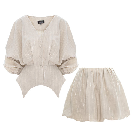 Beige Shimmer Co-ord Set - Asymmetric Blouse & Mini Skirt With Insertions