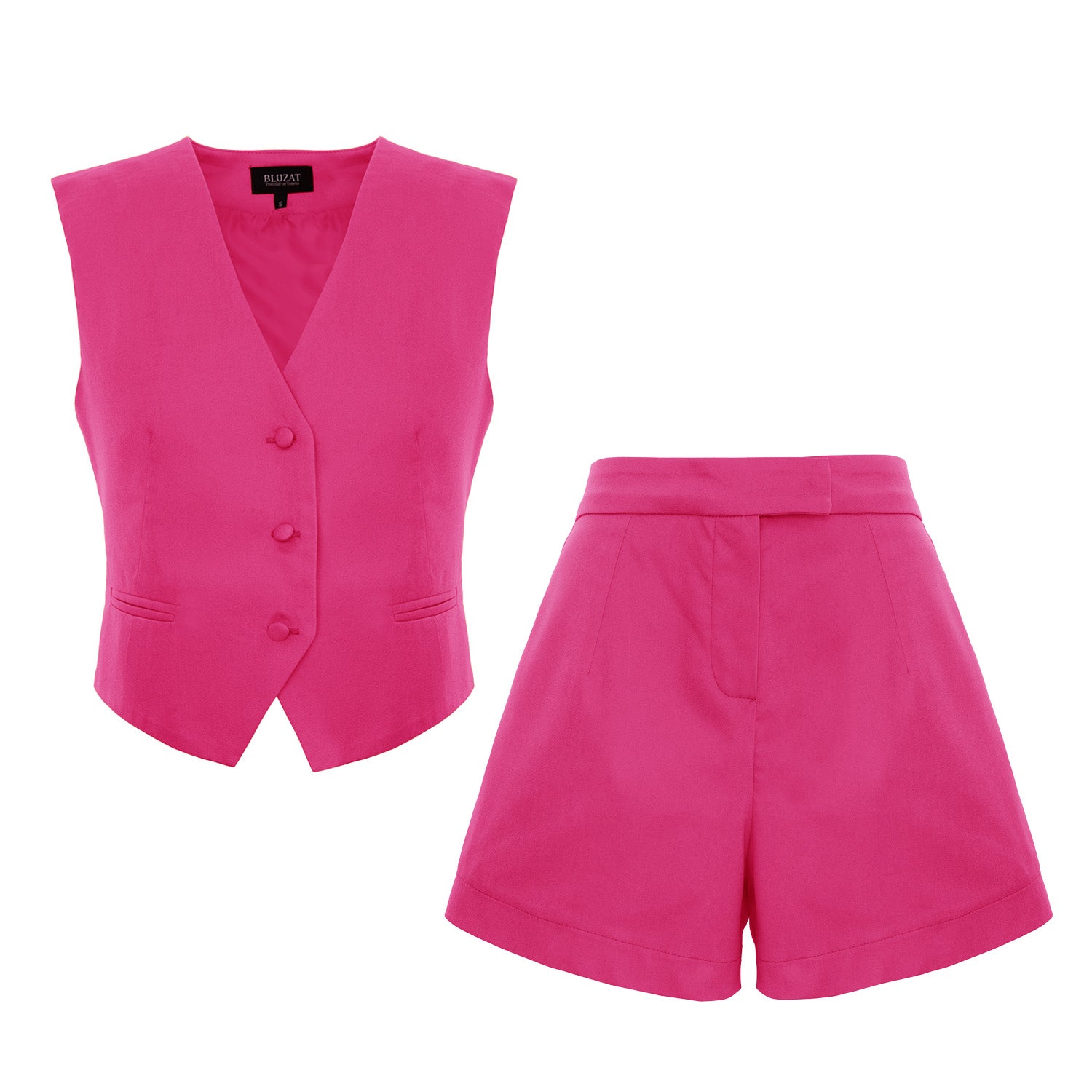 Set vestă croită fuchsia și pantaloni scurți cu talie înaltă