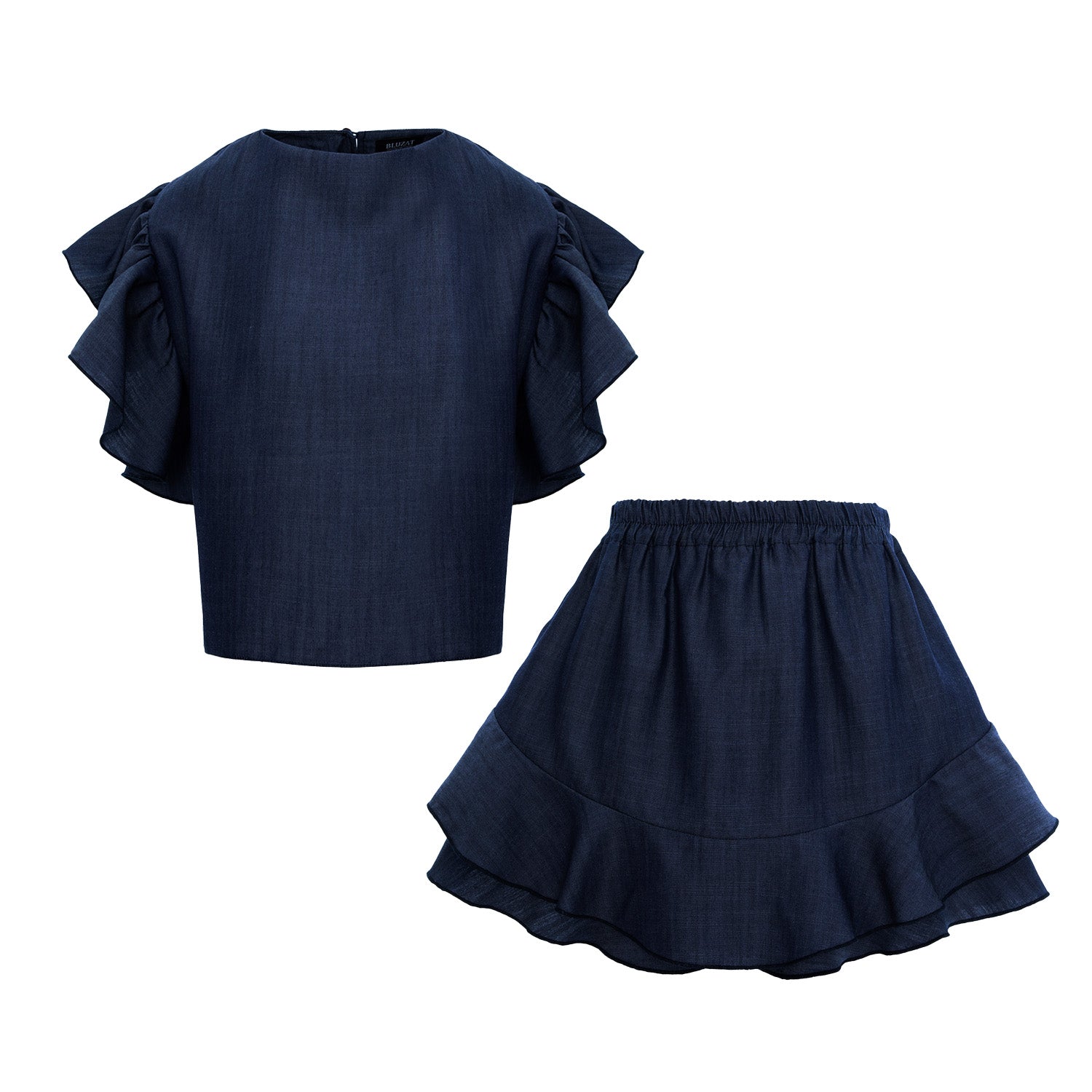 Set bleumarin din denim, coordonat, cu top cu mâneci cu volane și fustă mini cu straturi
