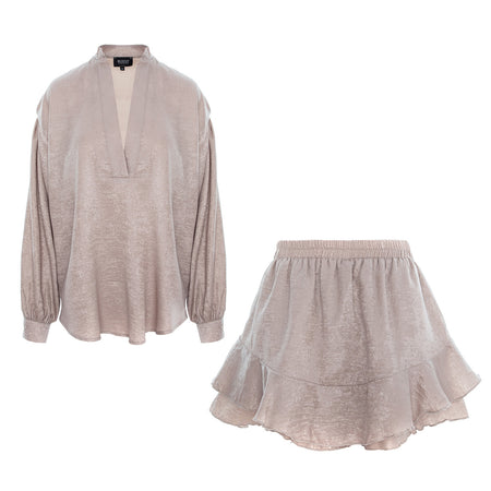 Beige Textured Two-Piece Set with Ruffle Skirt