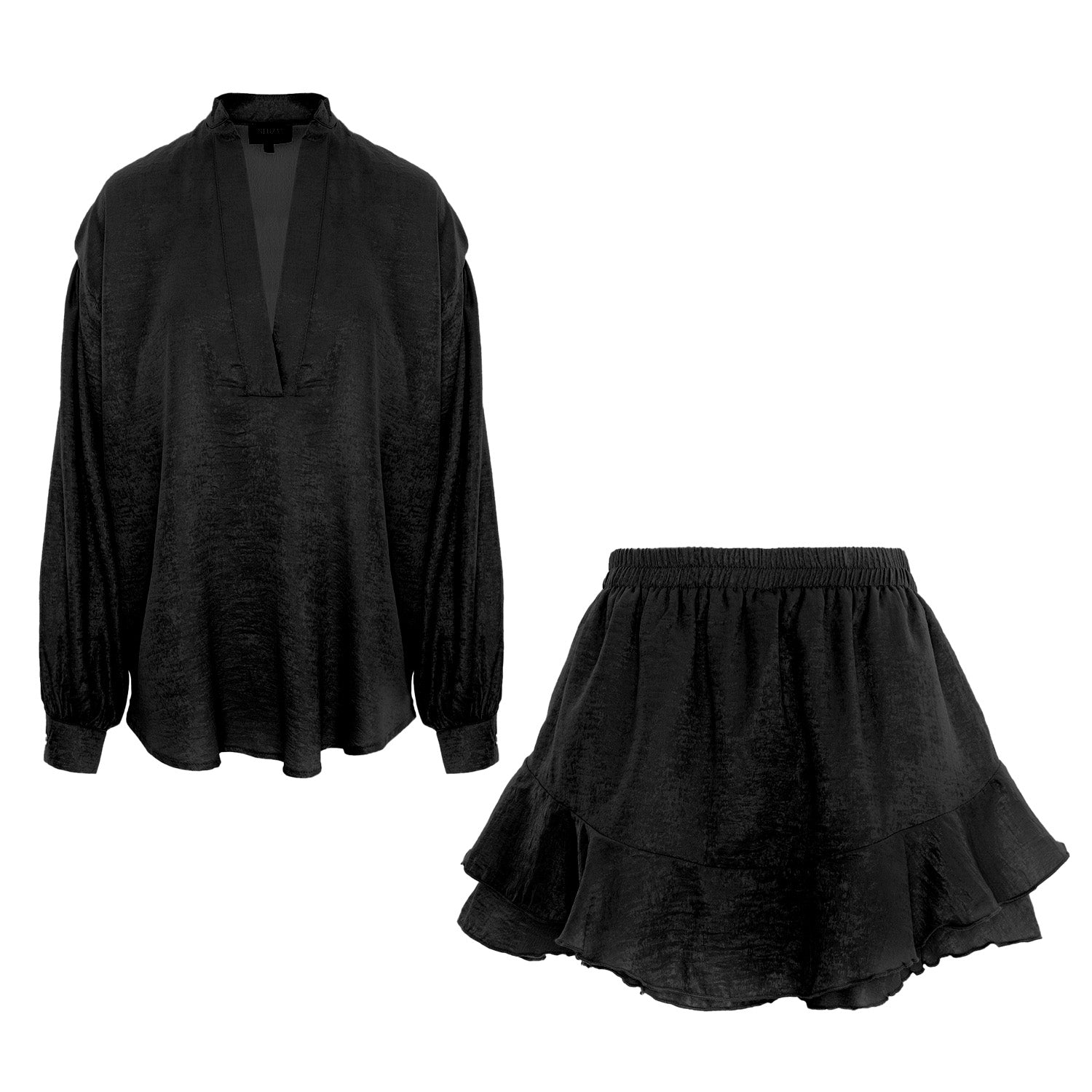 Black Set with V Neck Shirt & Ruffle Skirt