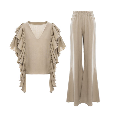 Set bej din in, coordonat, cu top cu mâneci cu volane și pantaloni cu croi larg