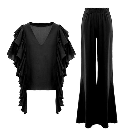 Set negru cu volane și pantaloni cu croi larg evazați
