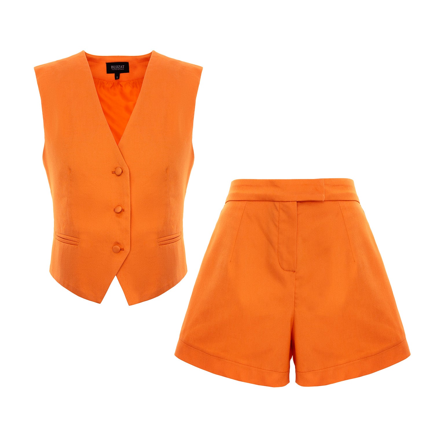 Set vestă portocalie croită și pantaloni scurți cu talie înaltă