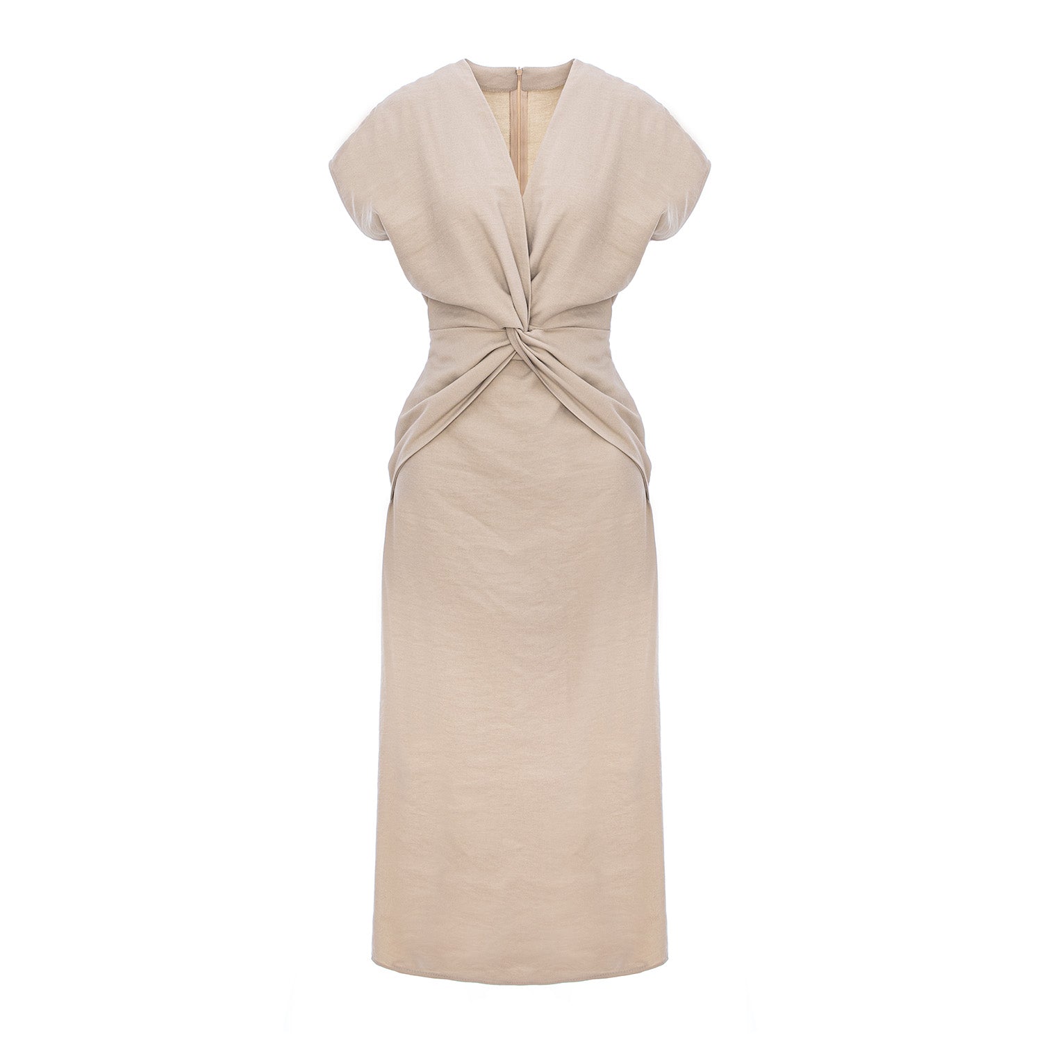 Beige Twist-Front Midi Dress with Cap Sleeves
