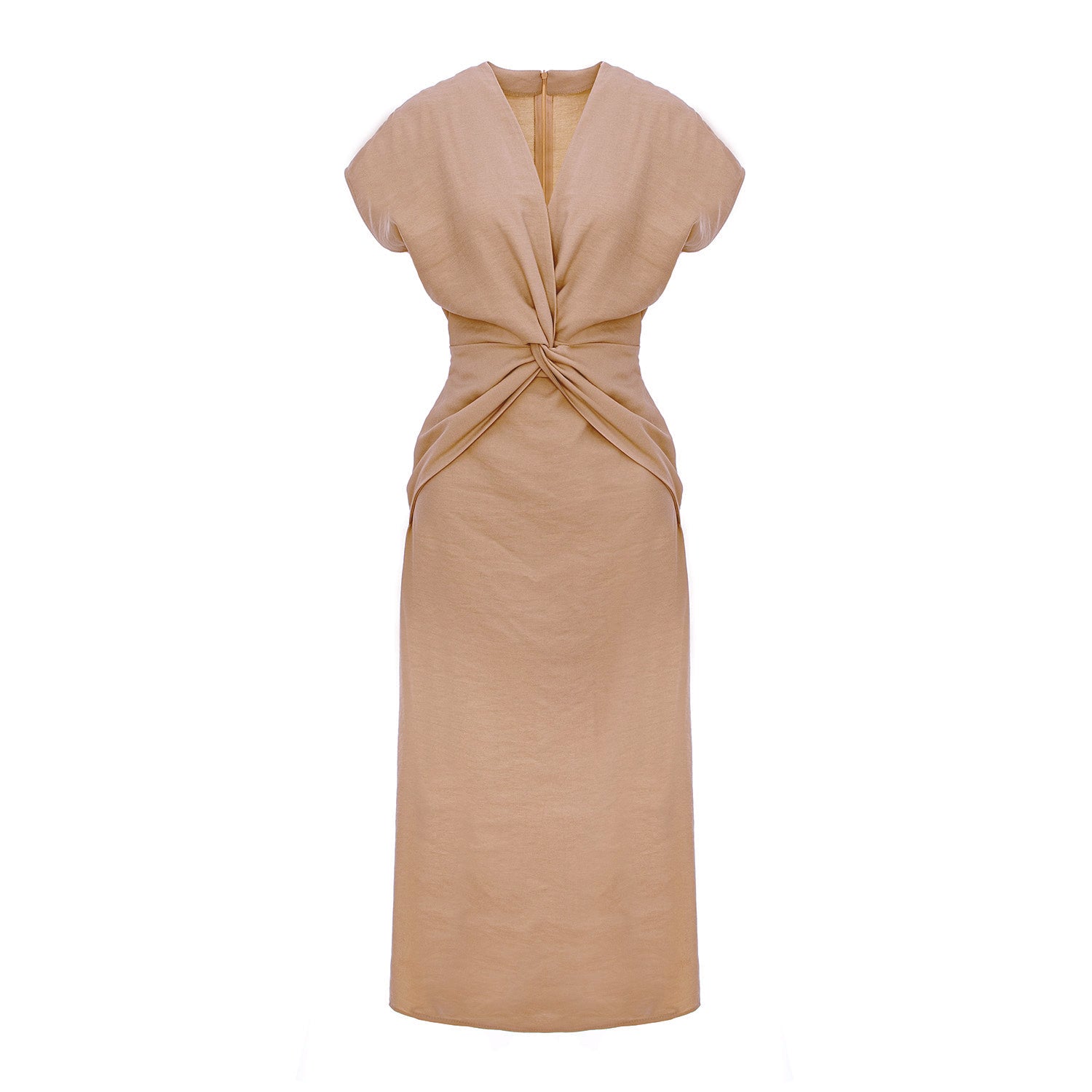 Camel Twist-Front Midi Dress with Cap Sleeves
