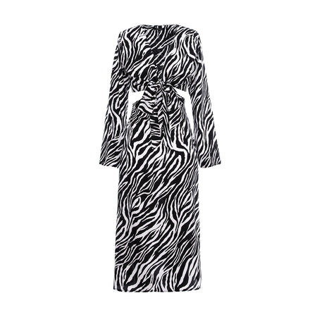 Black & White Zebra Print Cutout Midi Dress with Tie Detail