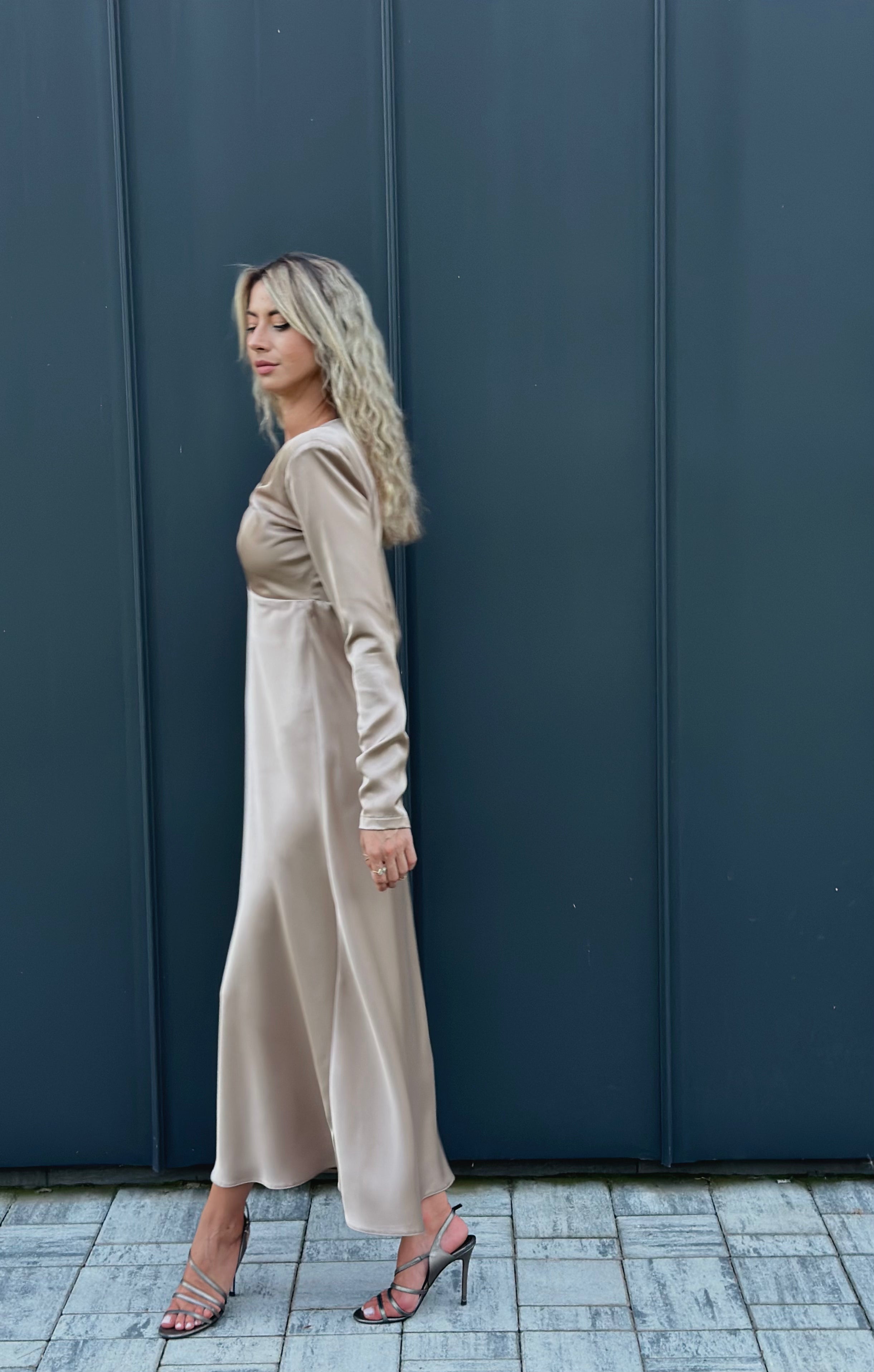 Champagne Elegance Twisted Front Maxi Dress