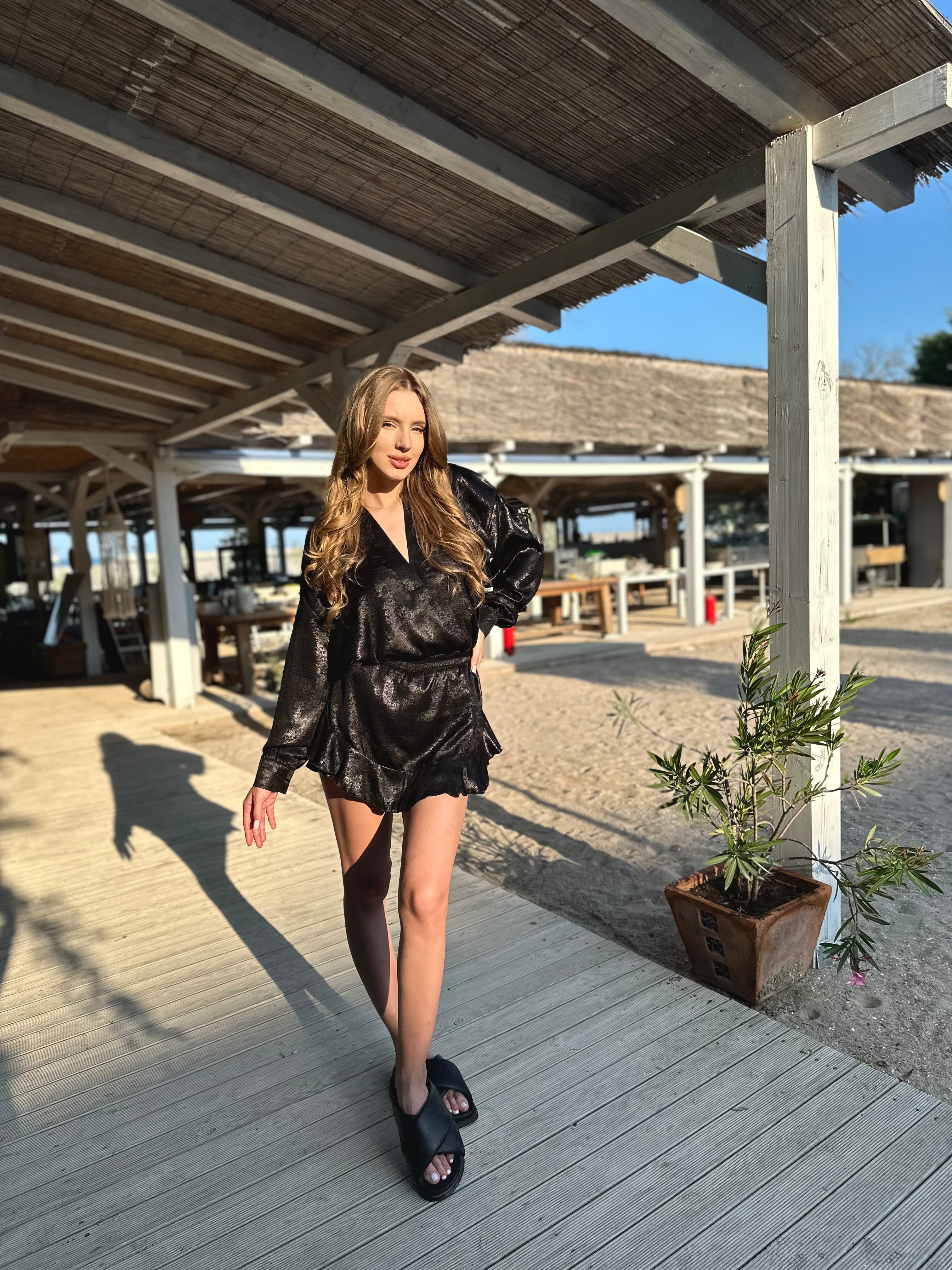 Black Set with V Neck Shirt & Ruffle Skirt