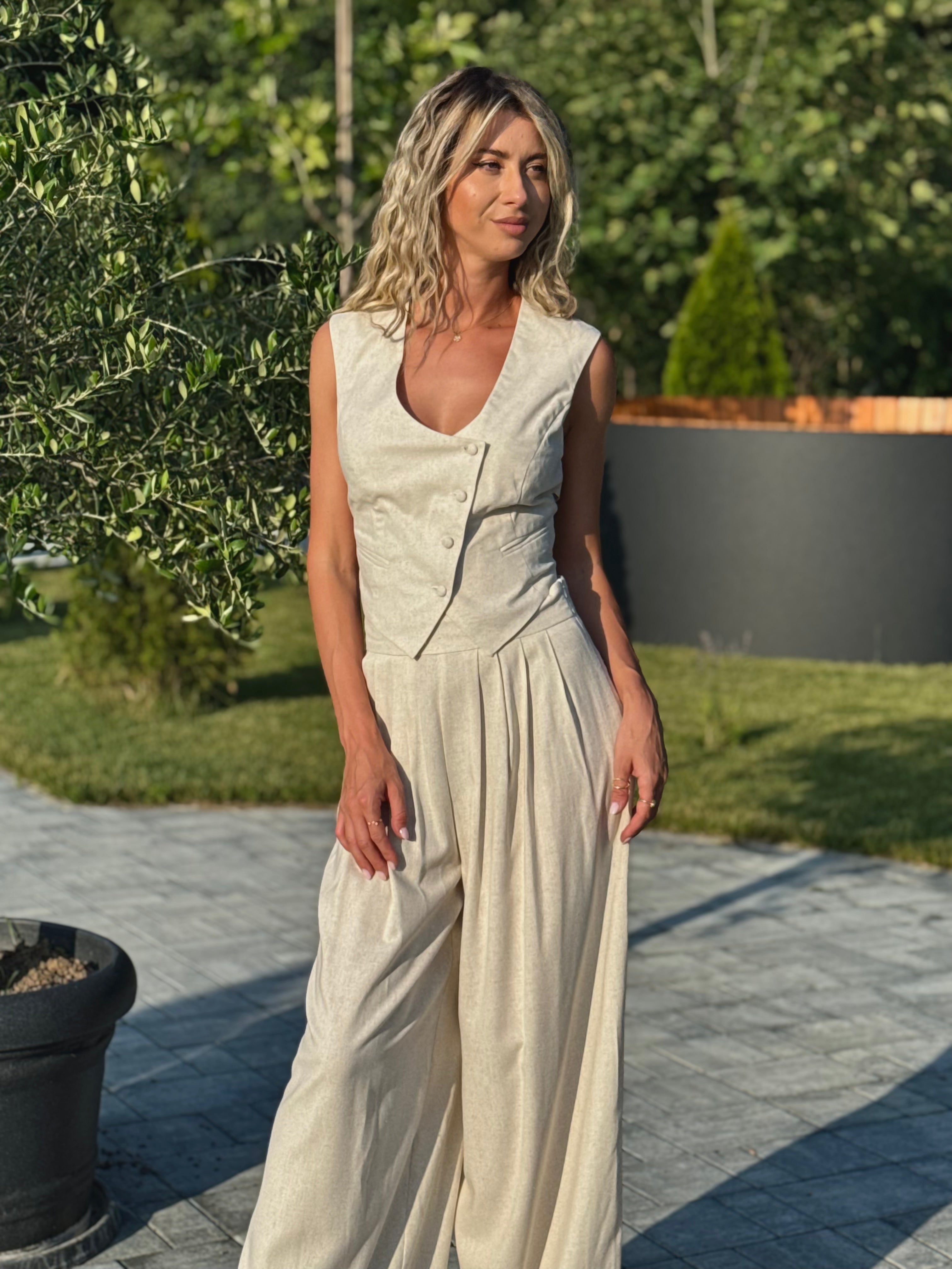 Cream Linen-Style Button Front Set with Wide Legs