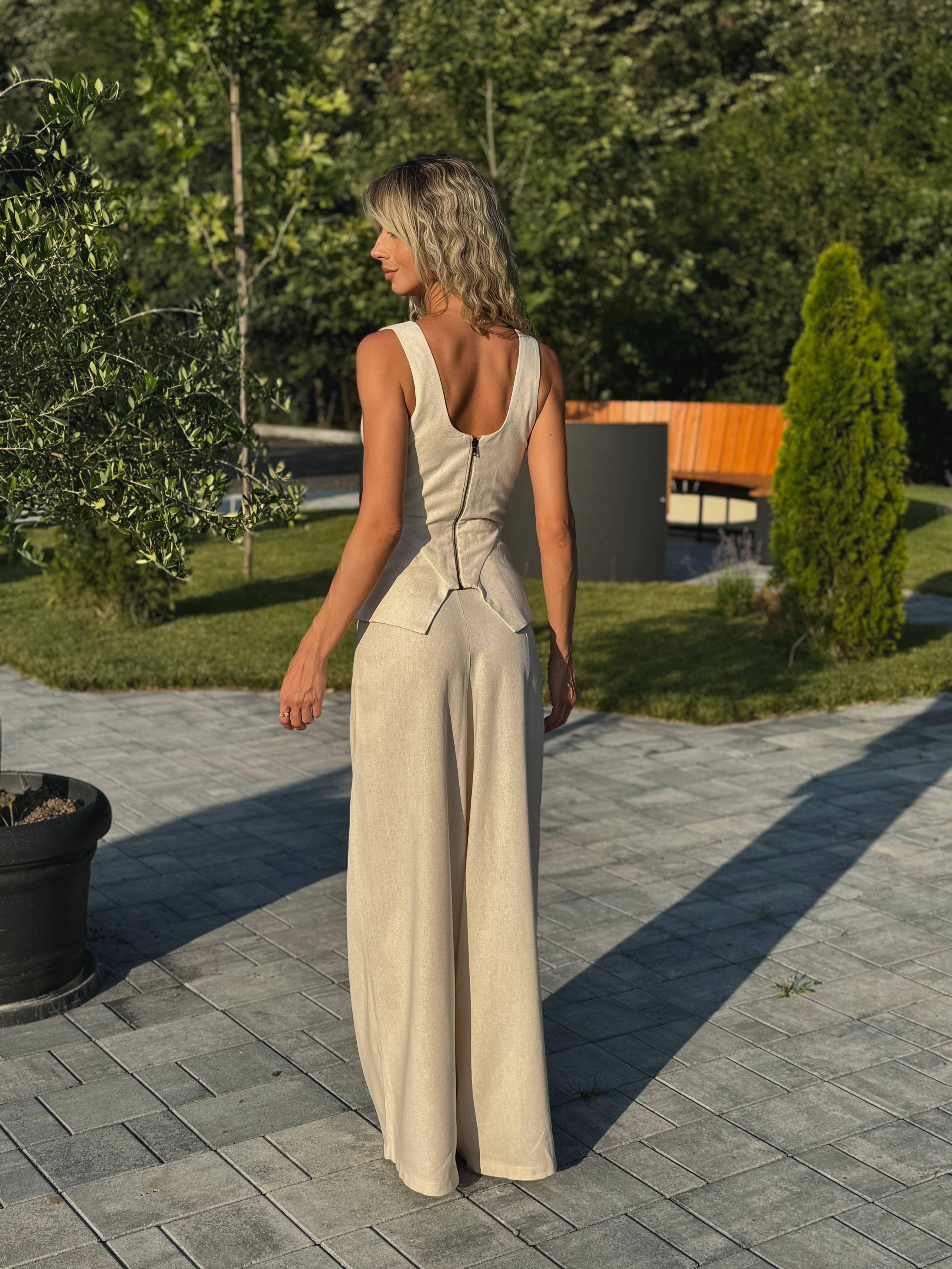 Ocean Blue Linen-Style Set with Wide Legs