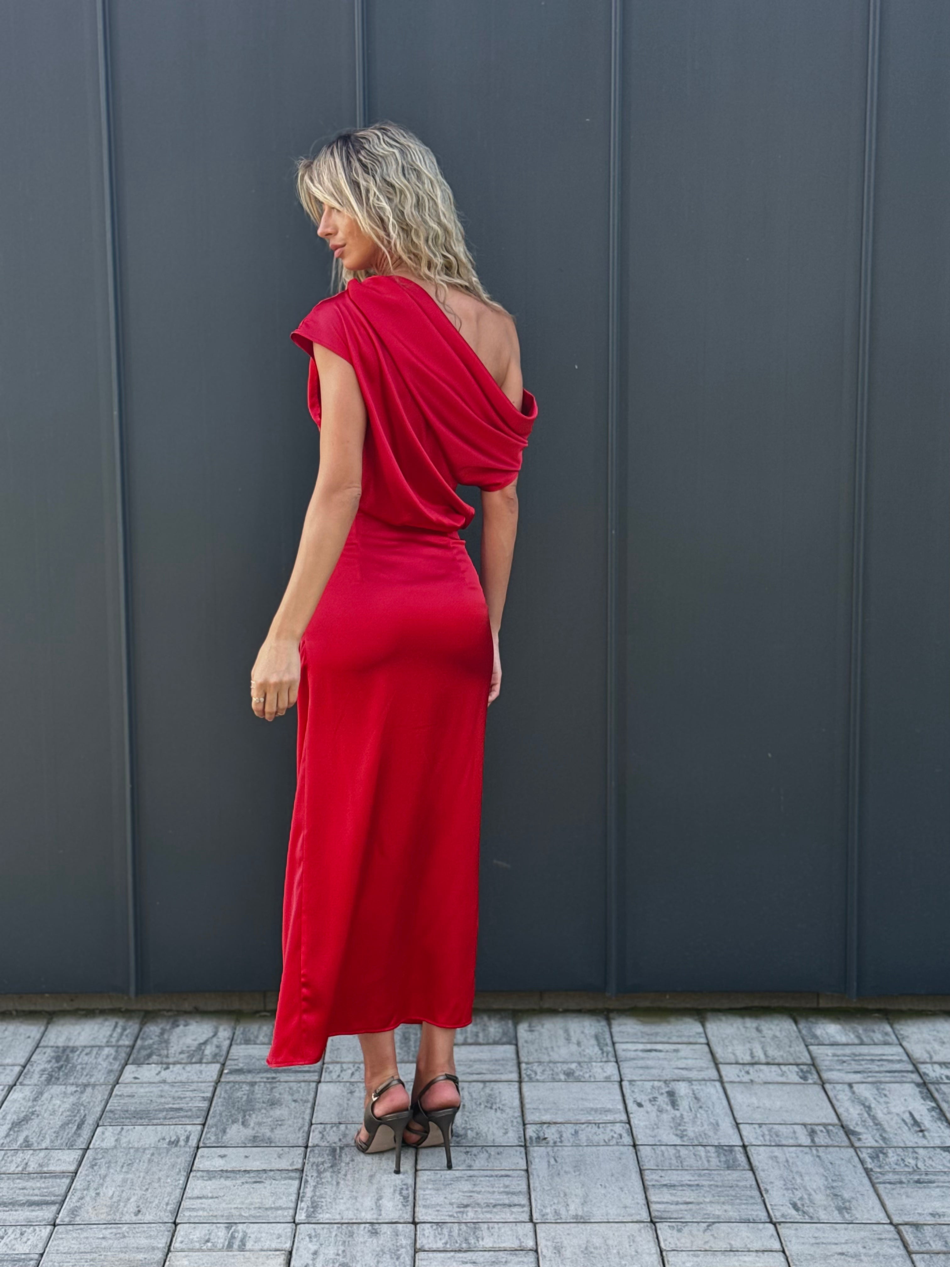 Red Off-Shoulder Draped Maxi Dress with Asymmetrical Design