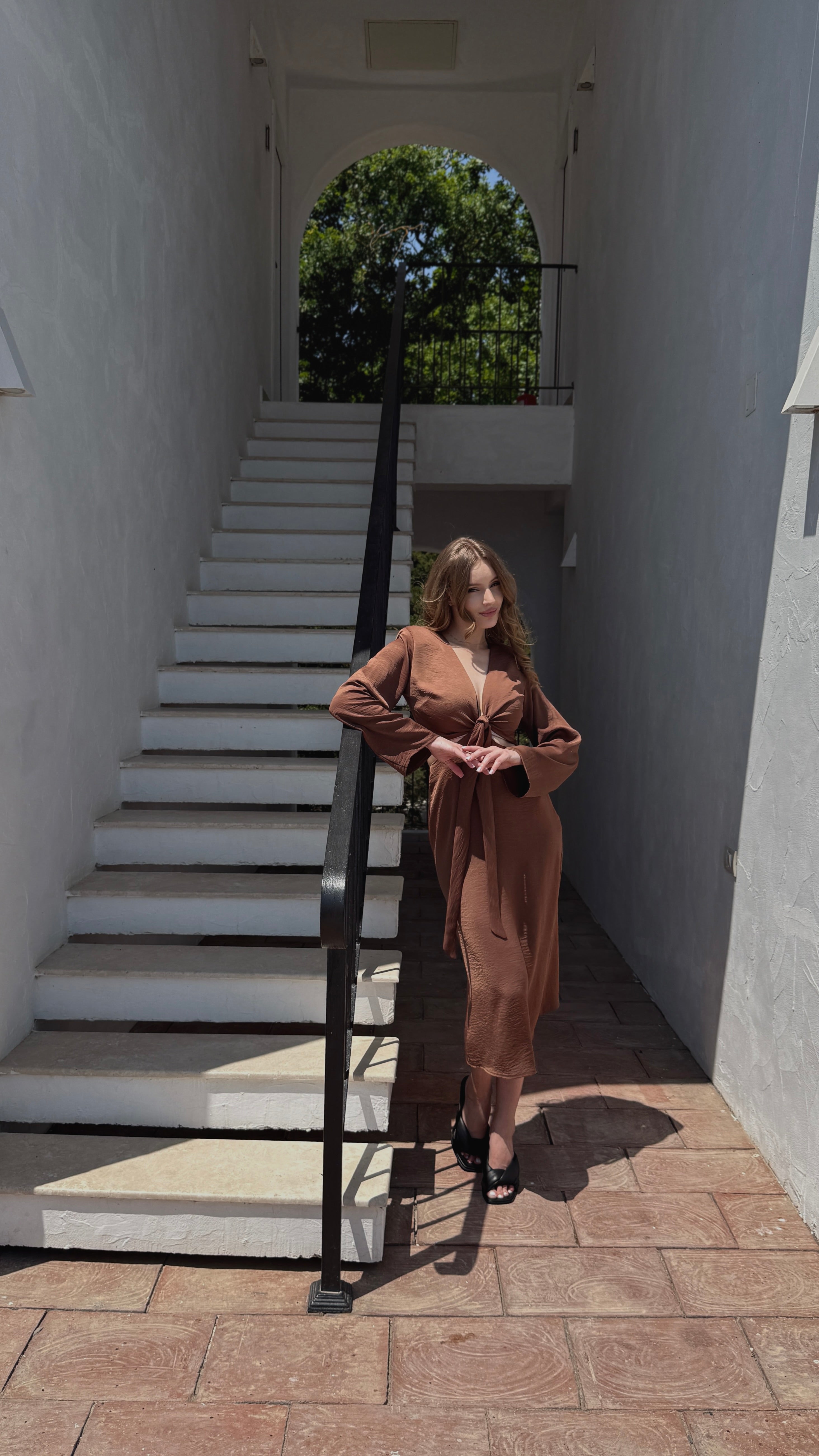 Chocolate Brown Tie-Front Cutout Midi Dress