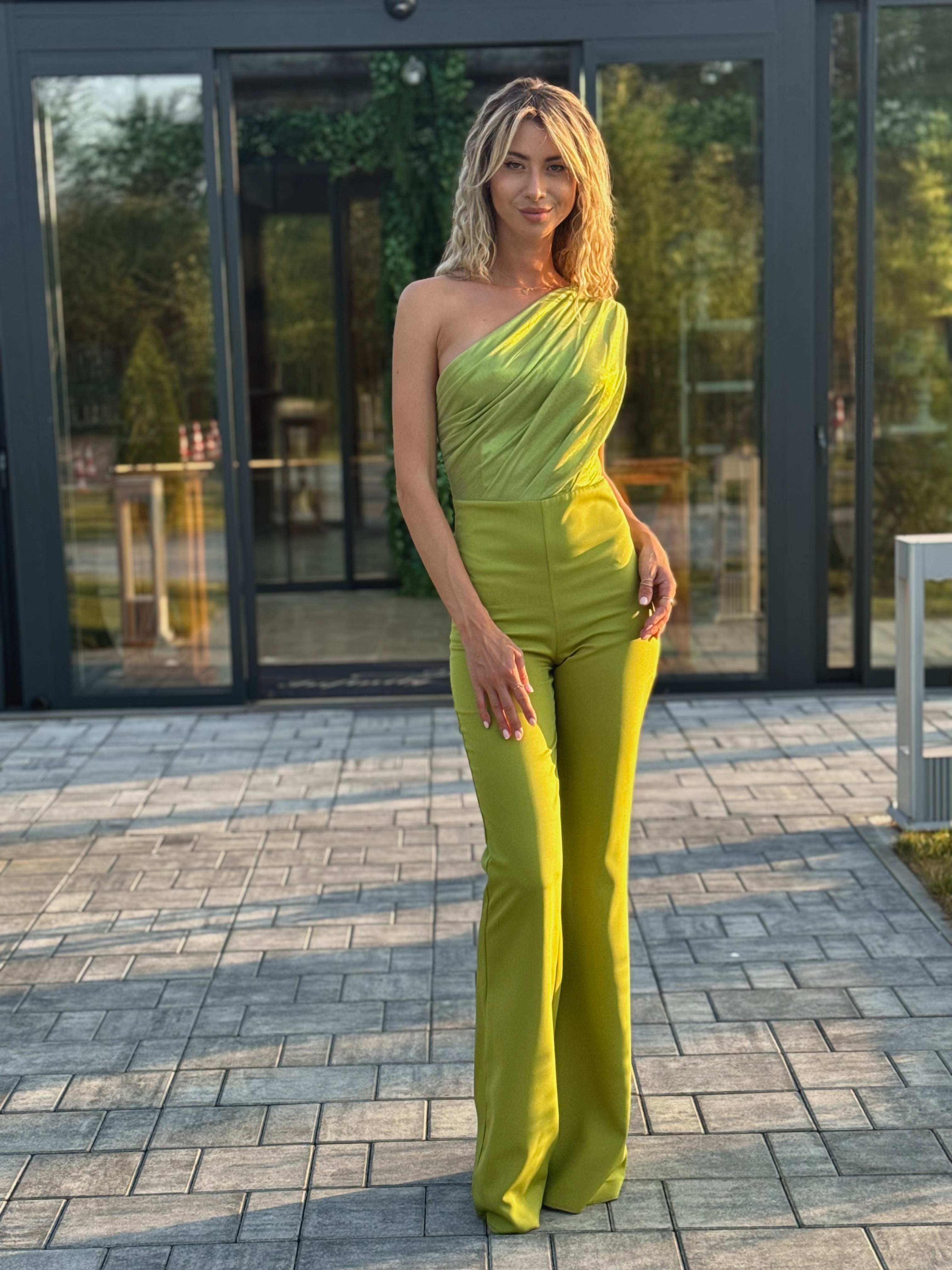 Lime Green One Shoulder Draped Jumpsuit with Wide Legs