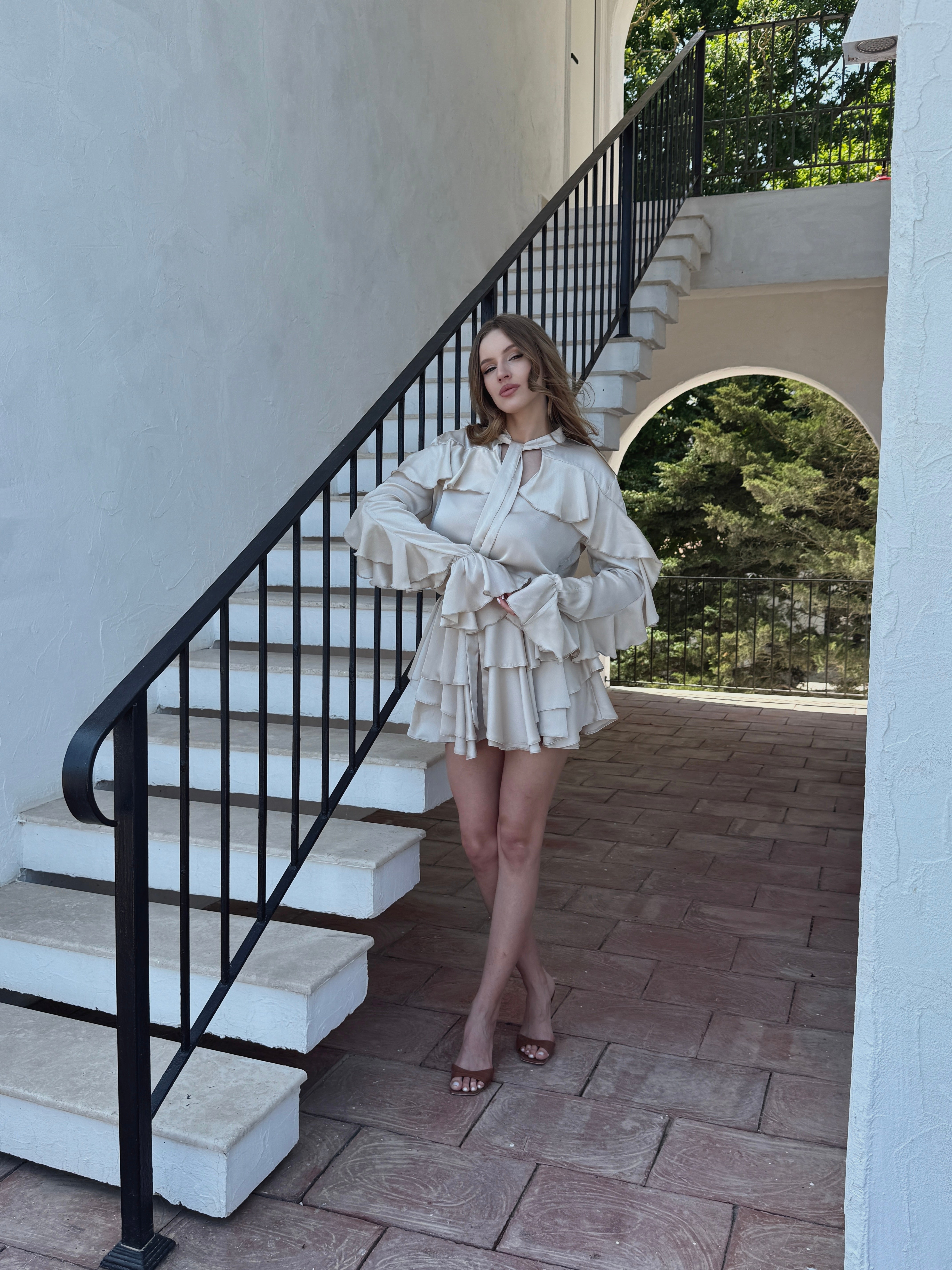 White Set with V Neck Shirt & Ruffle Skirt