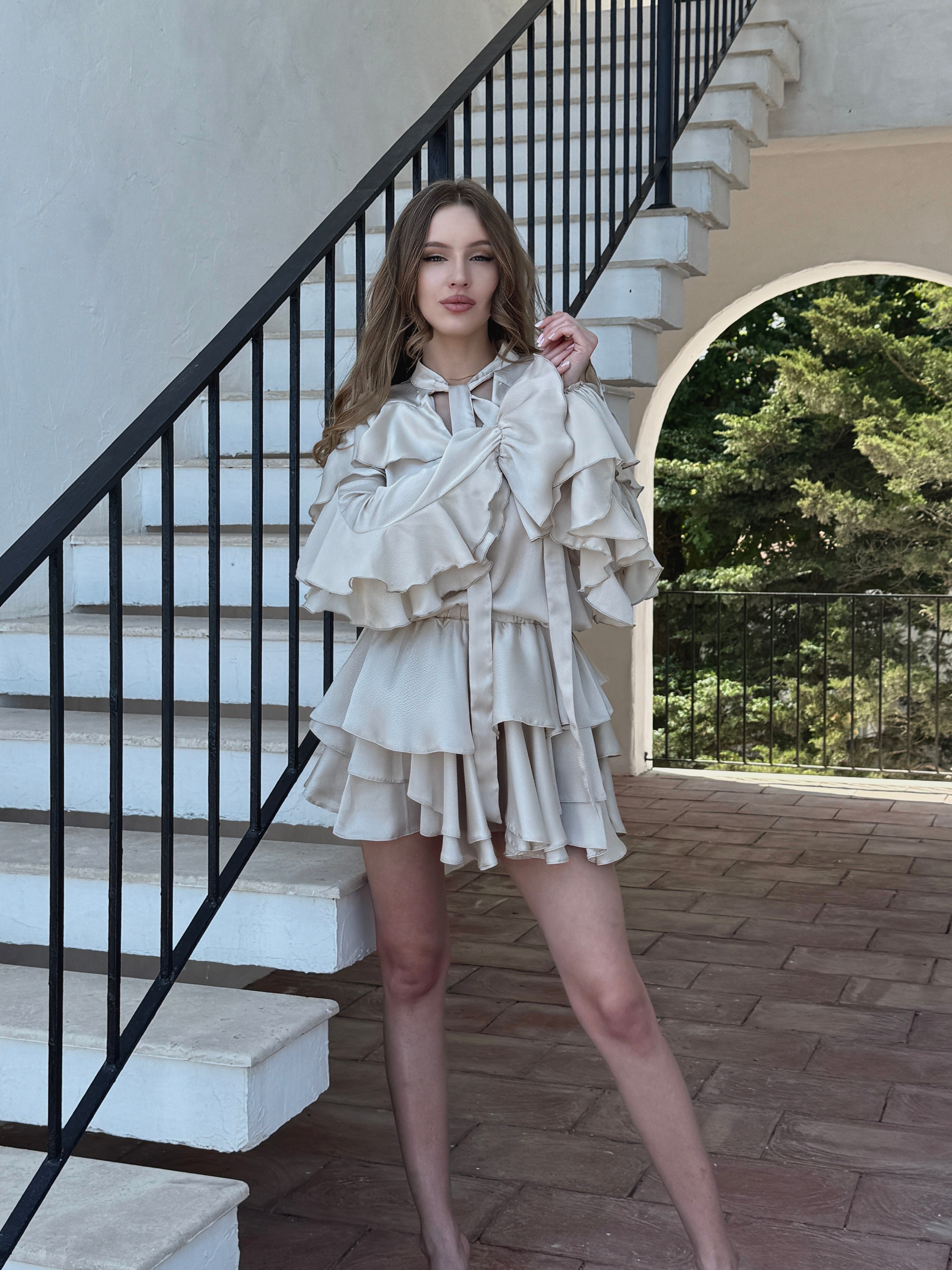 Pink Set with V Neck Shirt & Ruffle Skirt