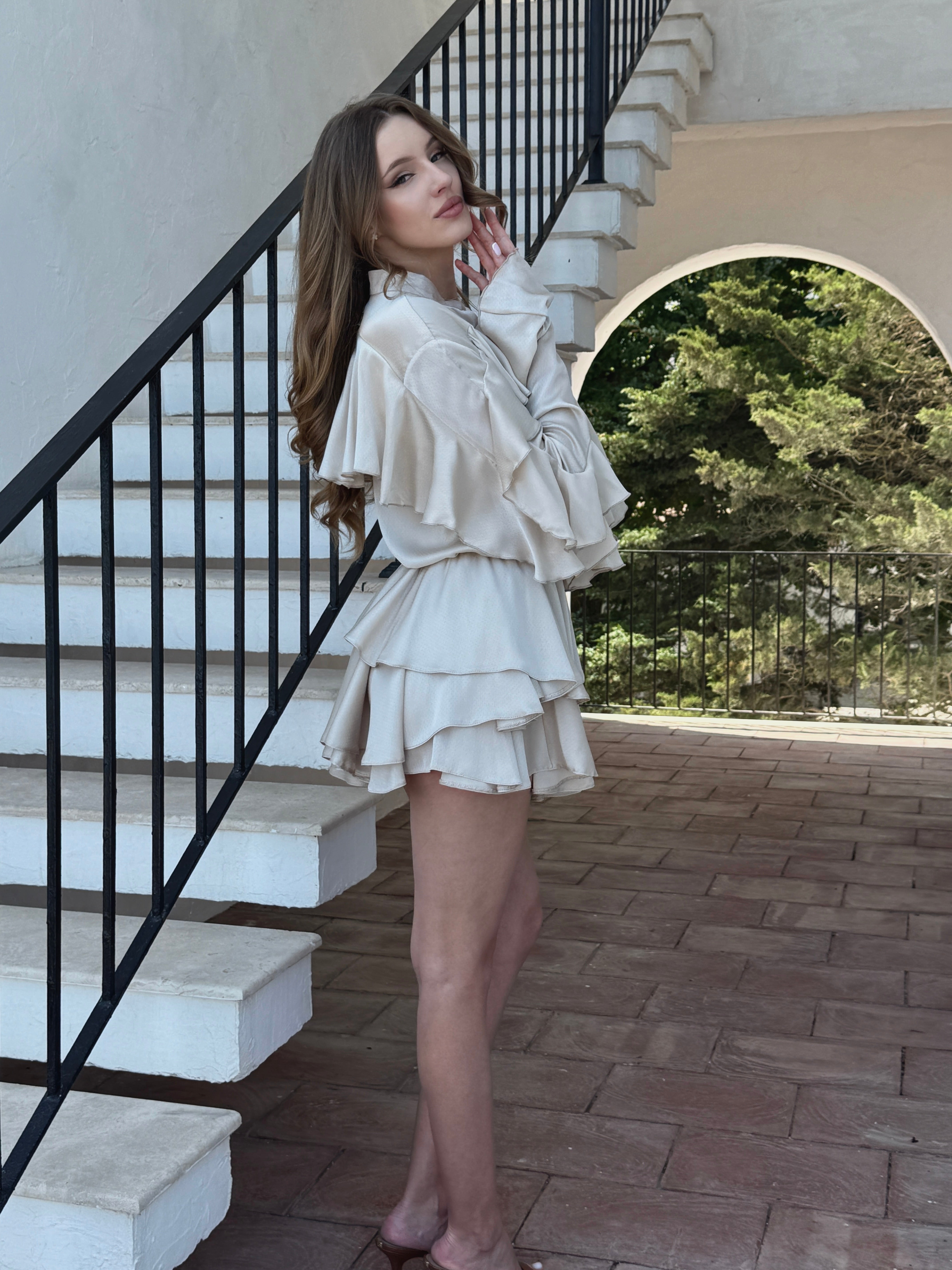 Pink Set with V Neck Shirt & Ruffle Skirt