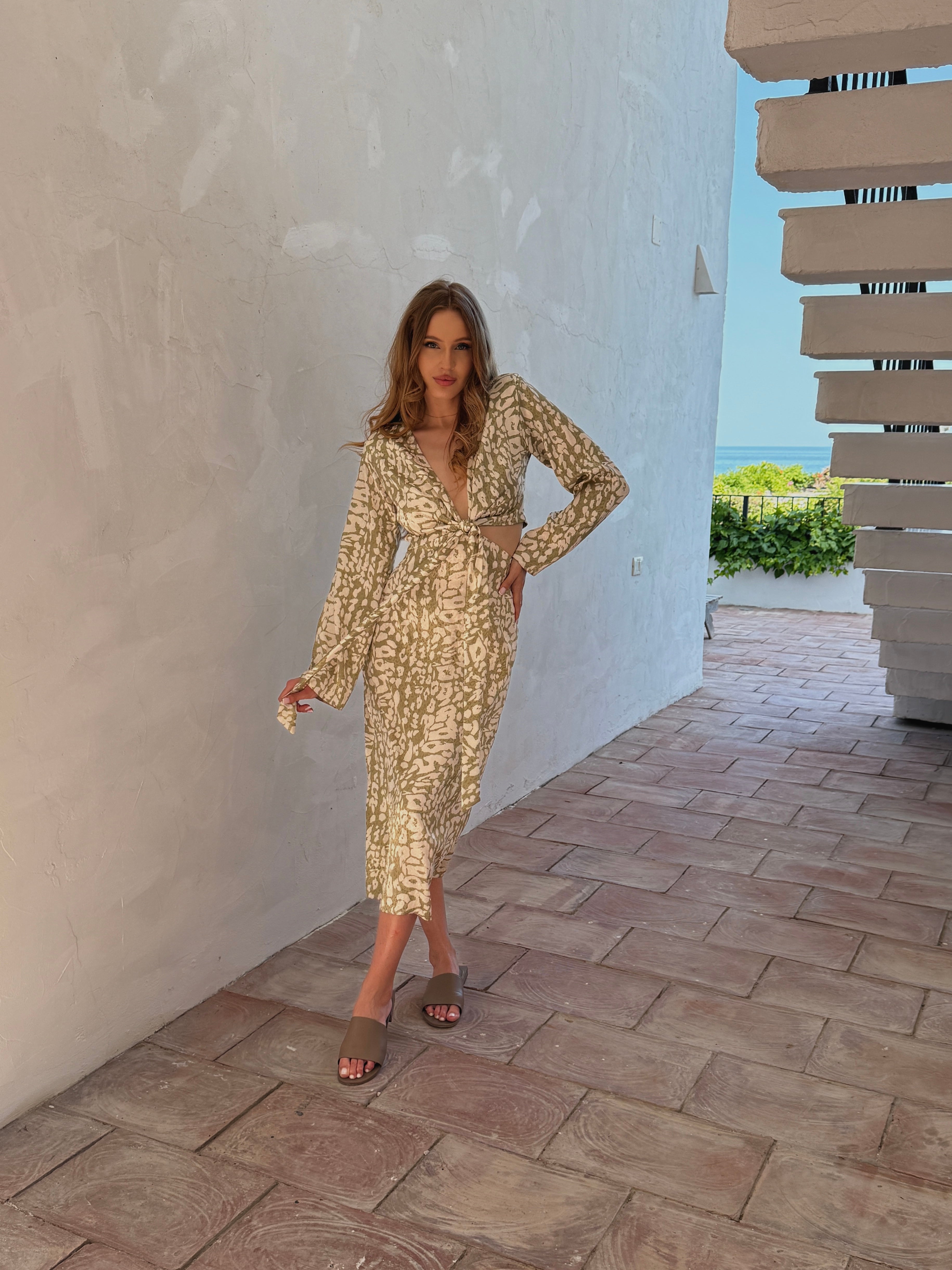 Olive Leopard Print Cutout Midi Dress with Tie Waist