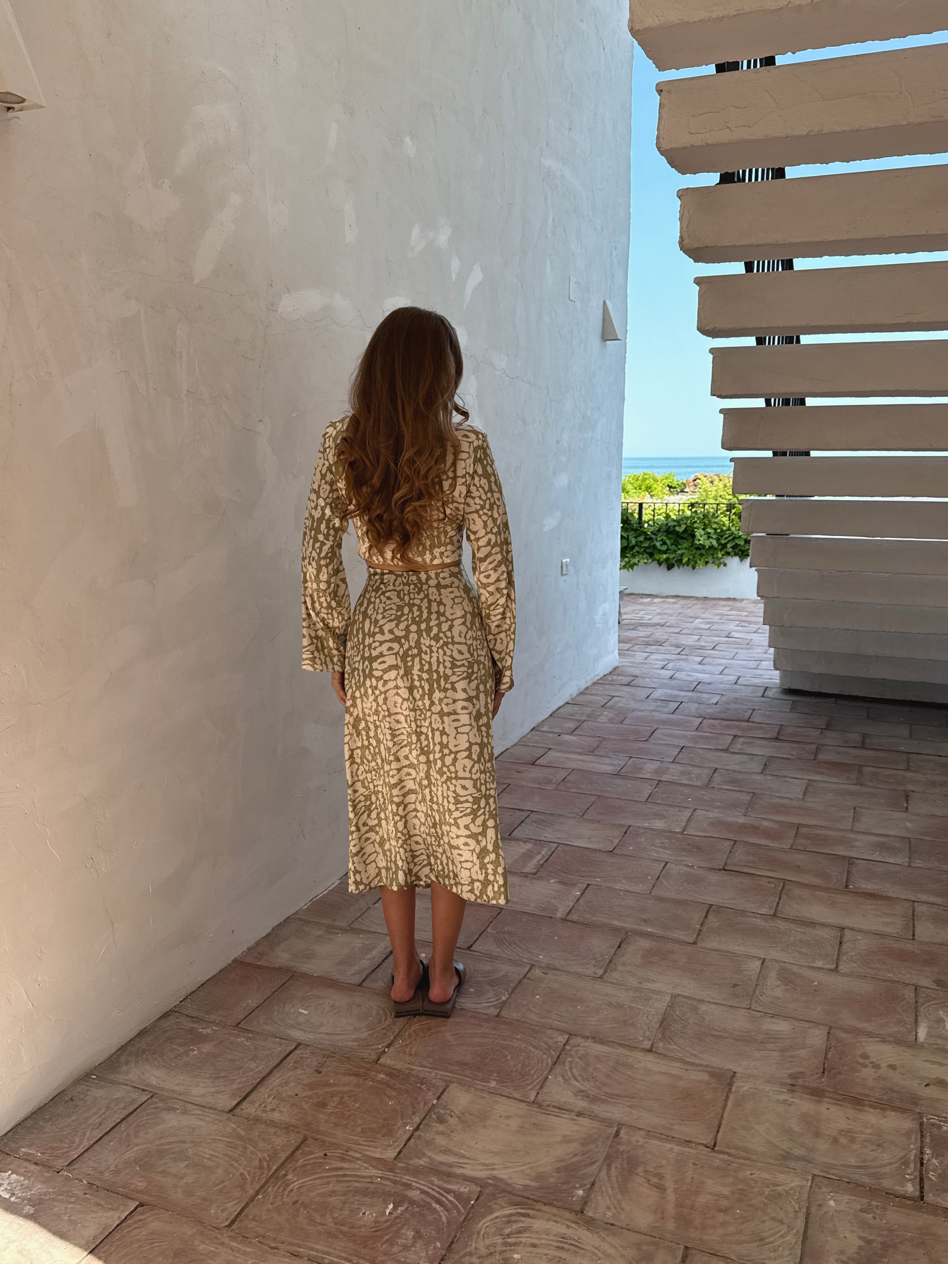 Olive Leopard Print Cutout Midi Dress with Tie Waist