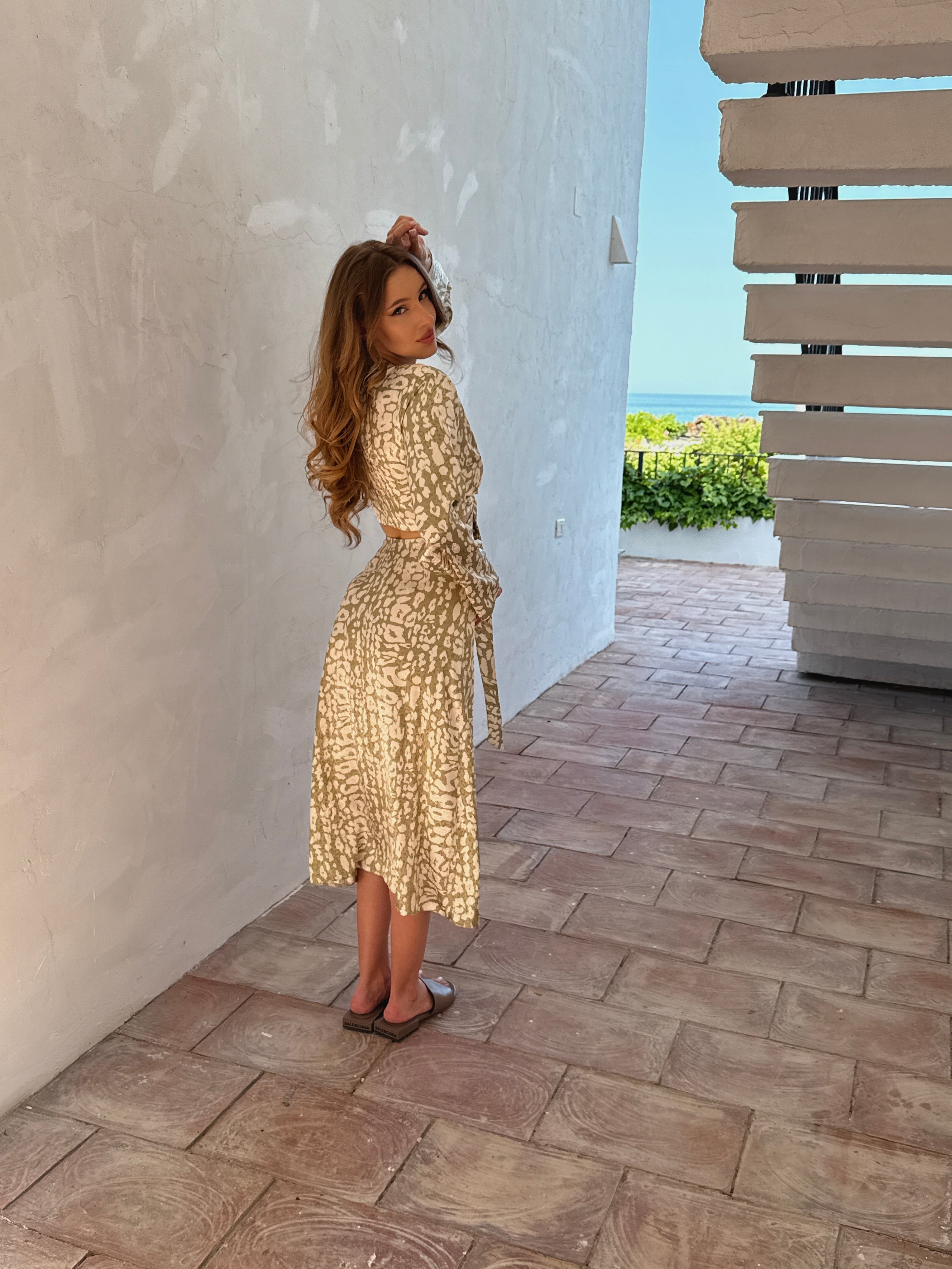 Olive Leopard Print Cutout Midi Dress with Tie Waist