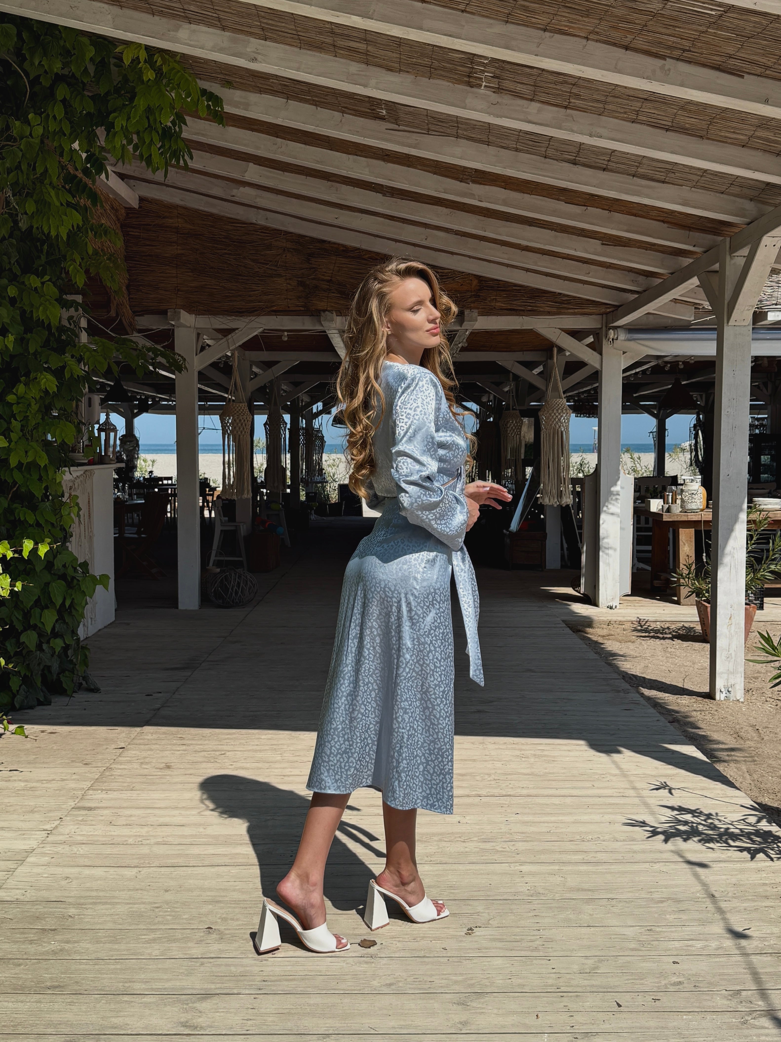 Powder Blue Leopard Print Cutout Midi Dress with Bell Sleeves