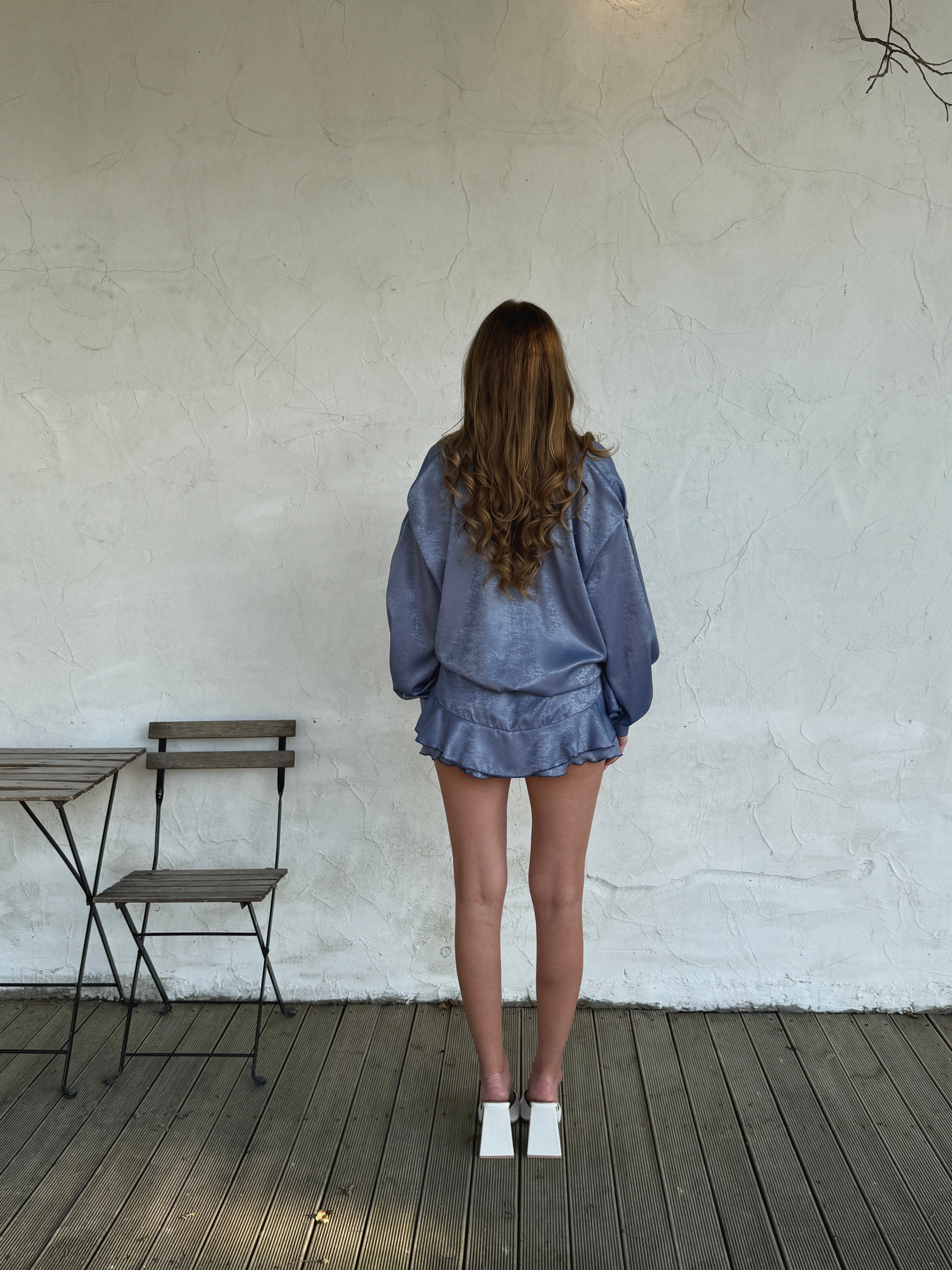 Blue Textured Two-Piece Set with Ruffle Skirt