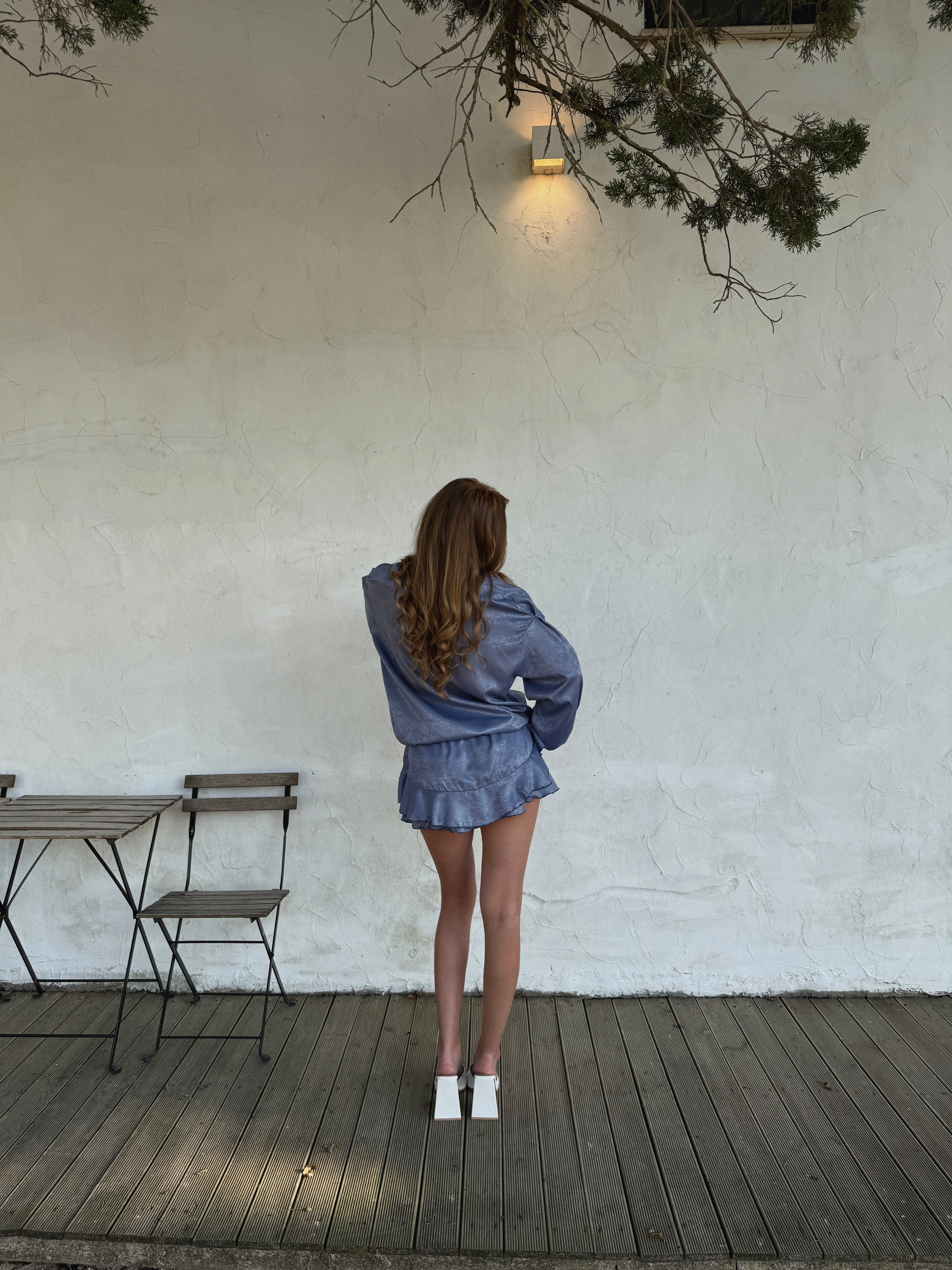 Blue Textured Two-Piece Set with Ruffle Skirt