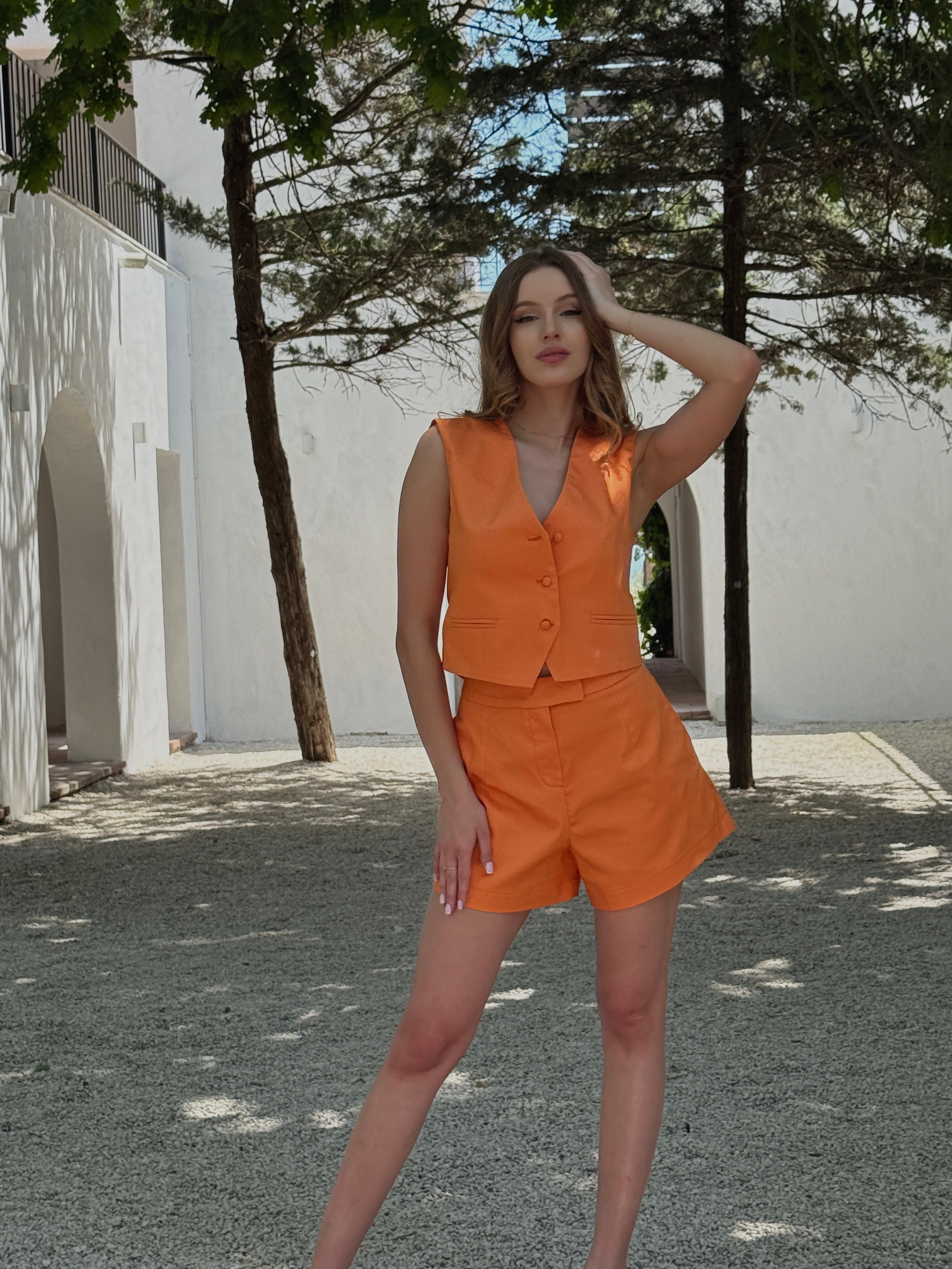 Fuchsia Tailored Vest & High-Waisted Shorts Set