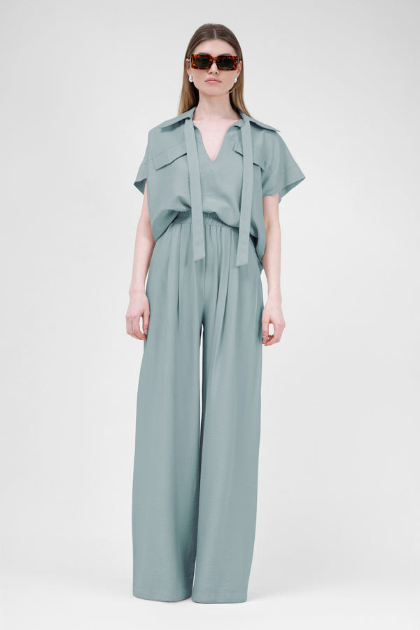 Mint Linen Set With Shirt With Pockets And Wide Leg Trousers