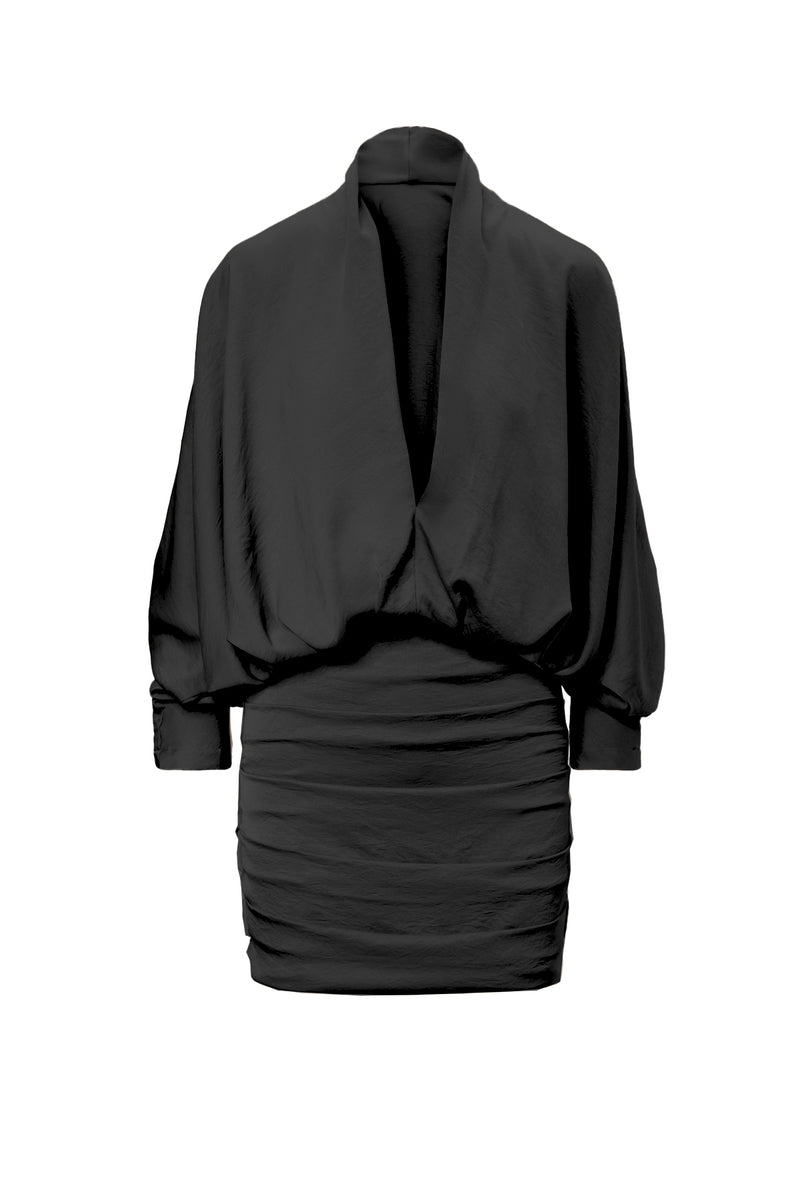 Black Mini Dress With Draping Detailing And Wide Sleeves