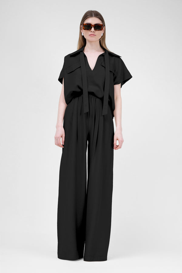 Black Matching Linen Set With Shirt  With Pockets And Wide Leg Trousers
