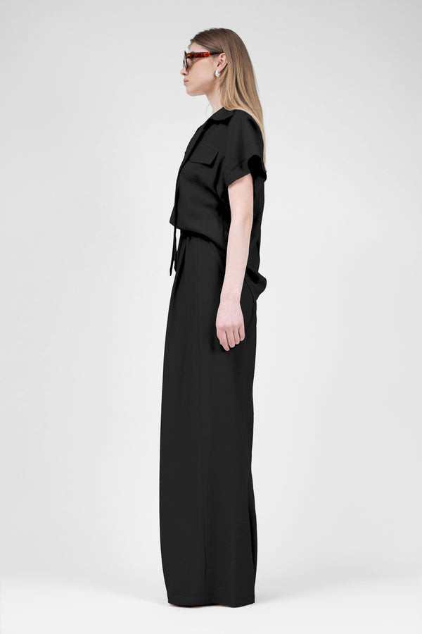 Black Linen Set With Shirt With Pockets And Wide Leg Trousers