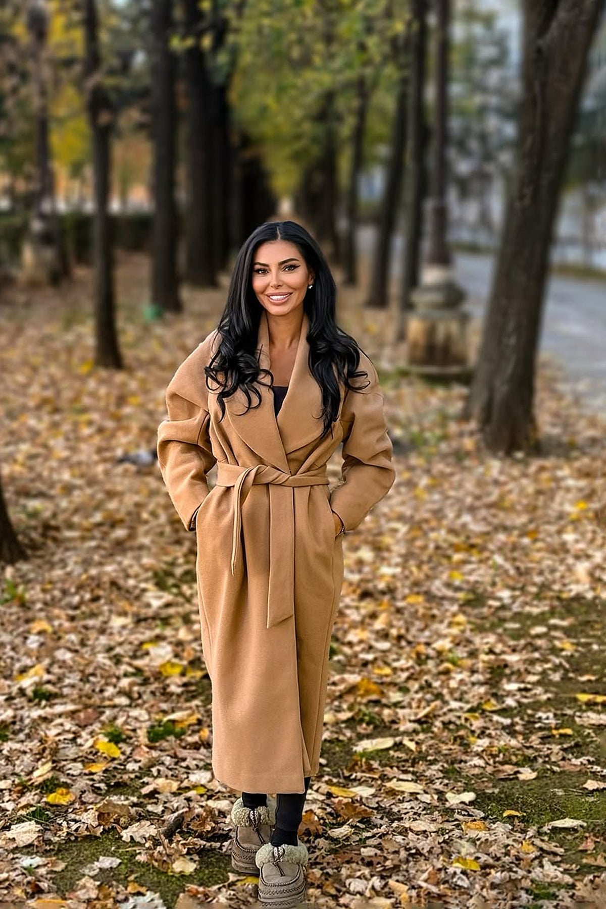 Long plum-purple coat with belt and wide lapel