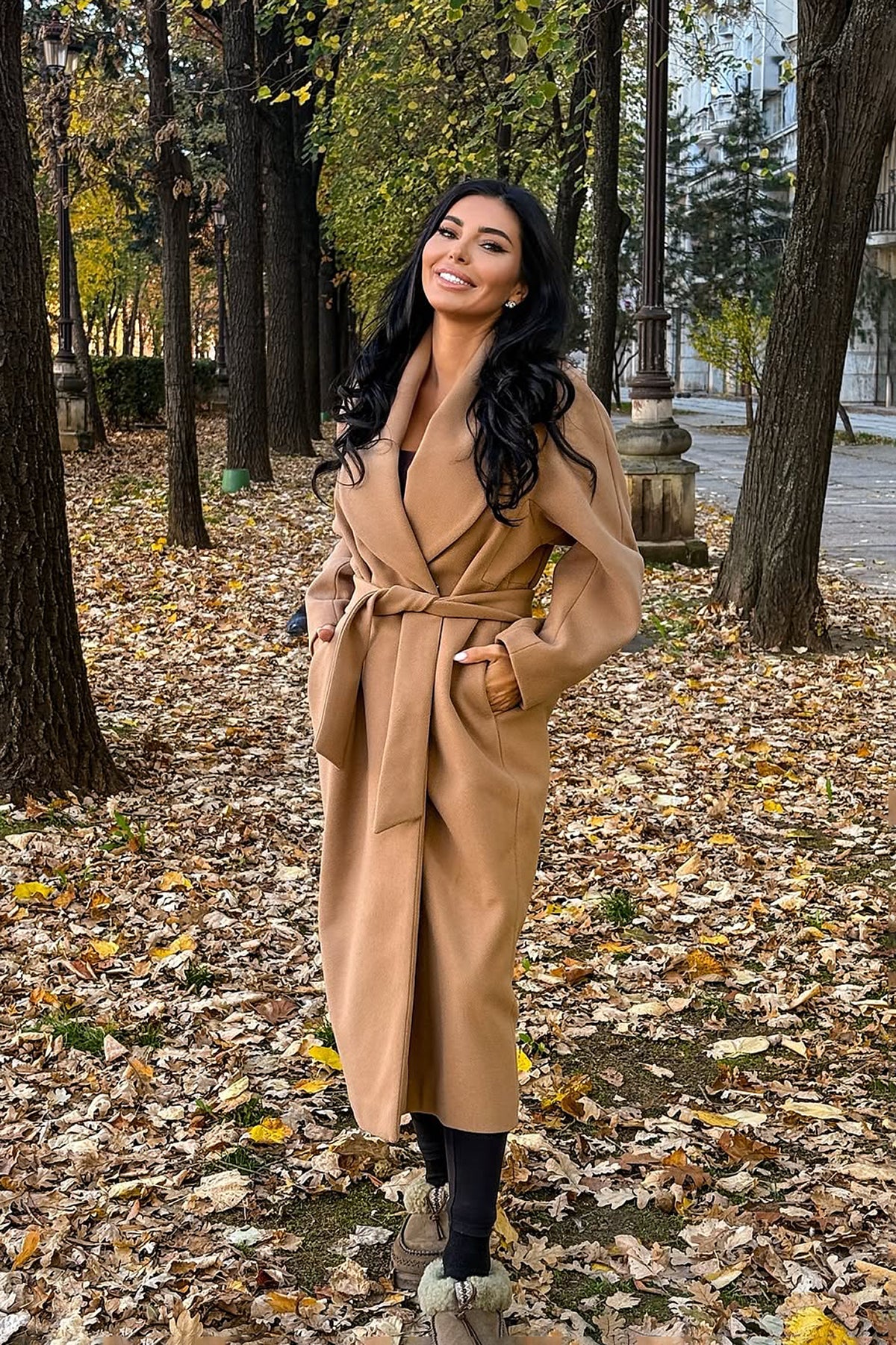 Long plum-purple coat with belt and wide lapel