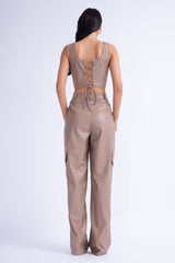 Beige Leather Wide Leg Trousers With Pockets