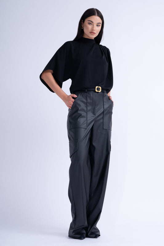 Pantaloni din Piele Neagra Wide Leg cu Buzunare