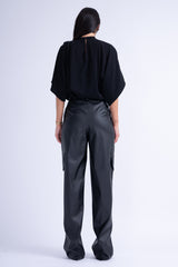 Black Leather Wide Leg Trousers With Pockets
